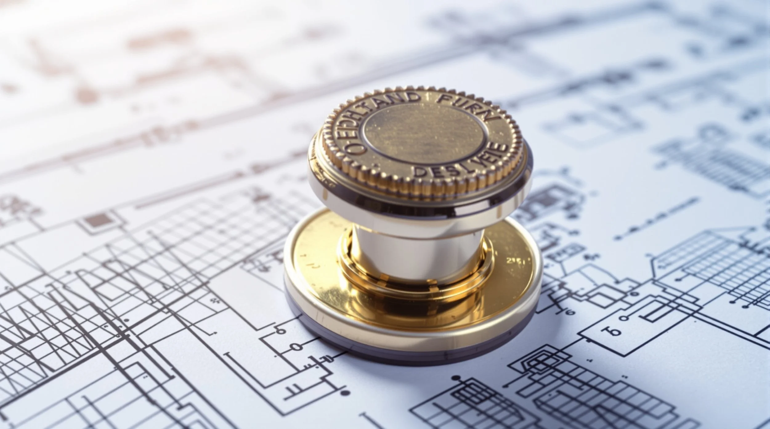 A gold and silver architectural compass placed on blueprints.