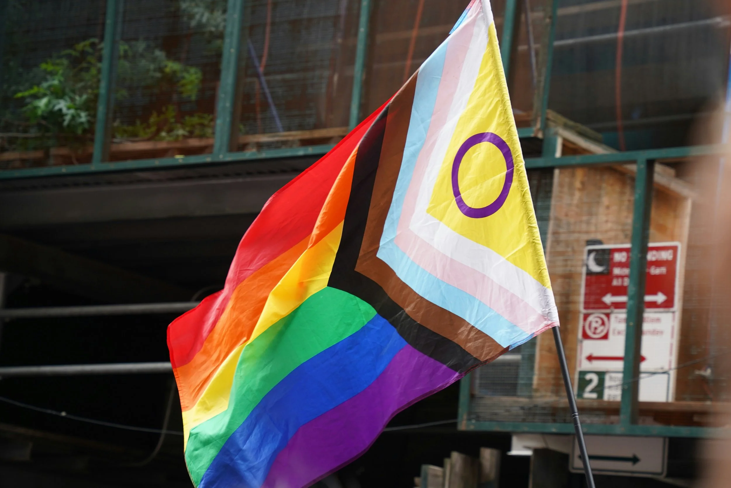 intersex-inclusive progress LGBTQIA+ pride flag in front of a brick building with windows in a city