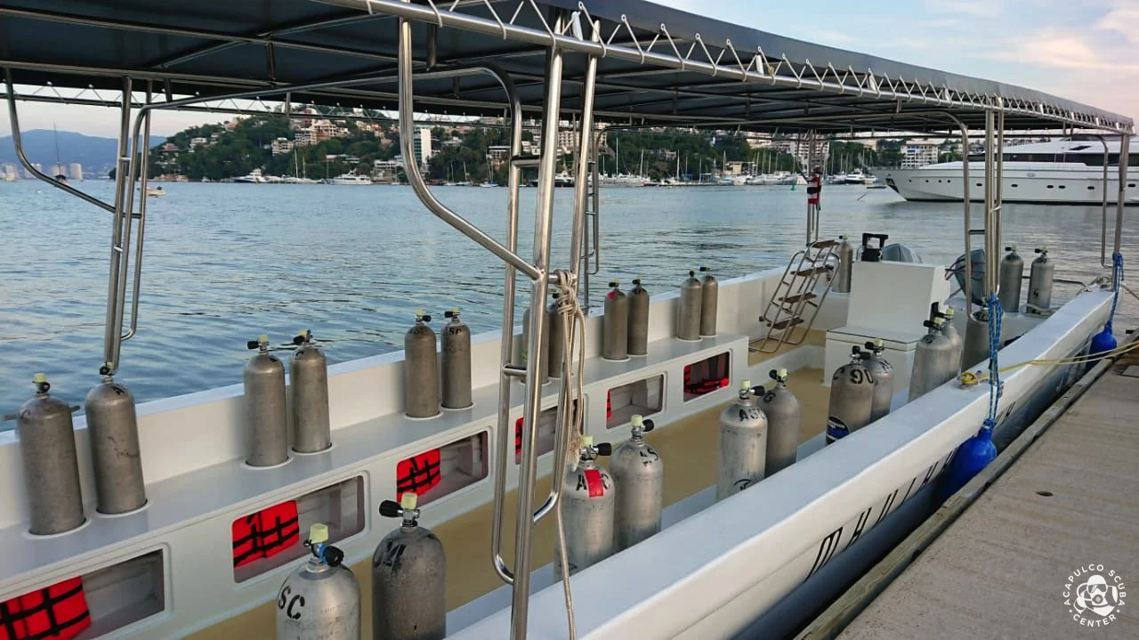 A boat equipped with scuba diving tanks docked at a marina, with the water and cityscape in the background.