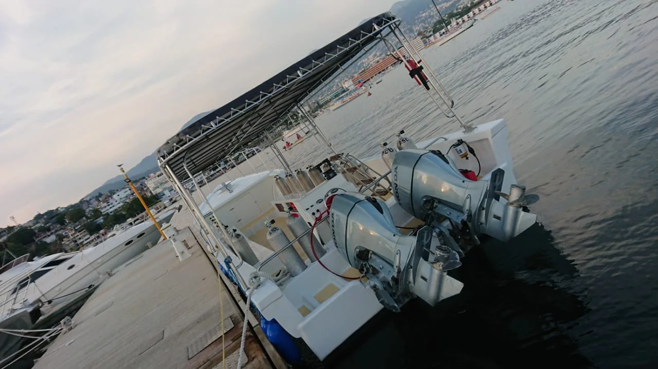 A boat docked at a marina with twin outboard engines and a solar panel canopy.