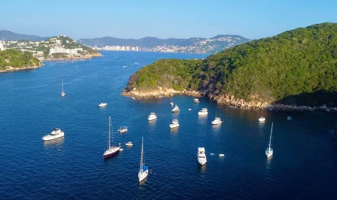 Aerial view of a harbor with several sailboats and yachts near green hilltops with a cityscape in the background.