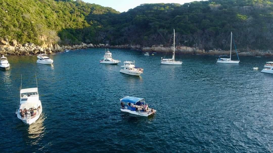Calm bay with multiple boats and yachts anchored near forested shoreline.