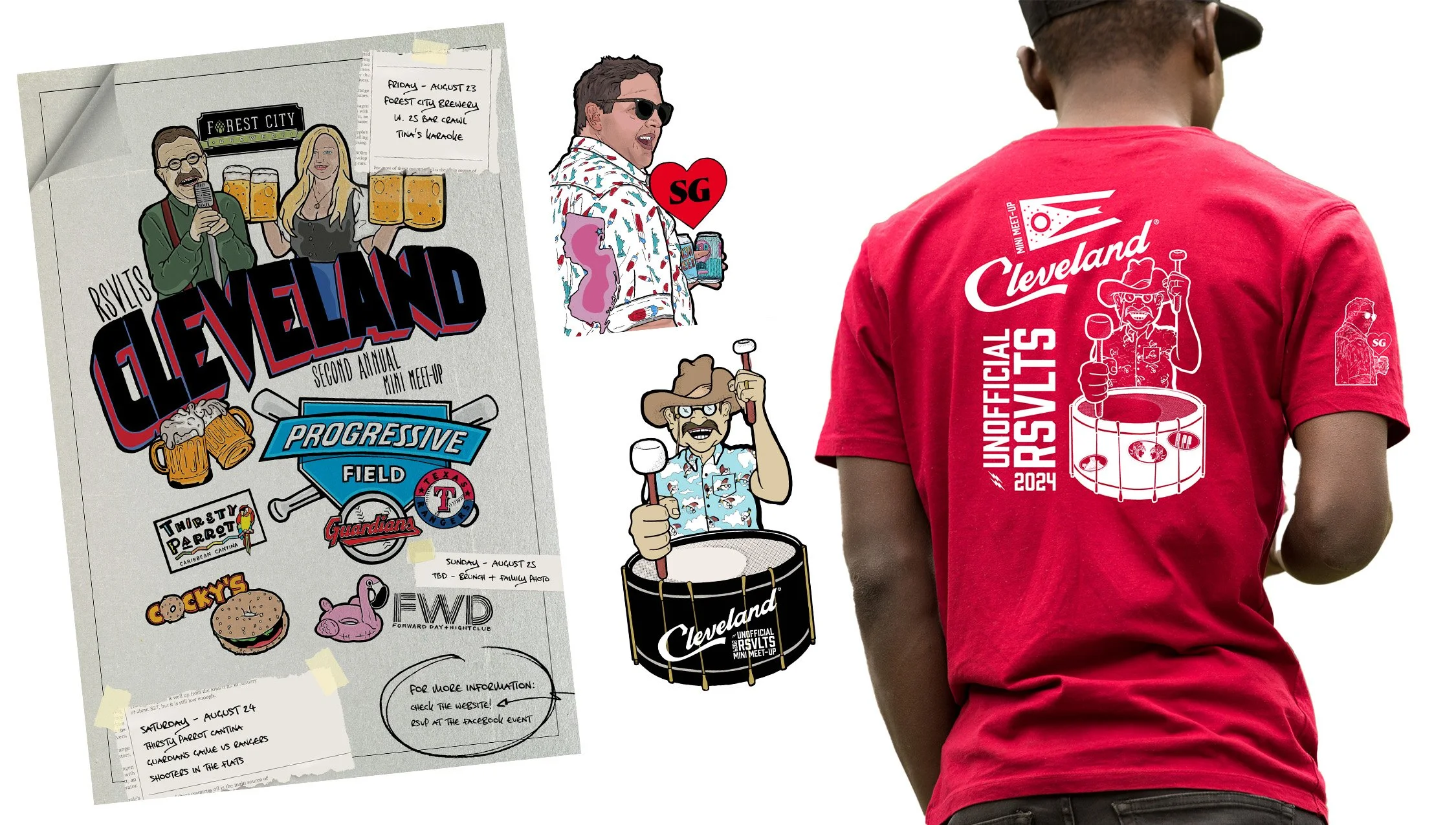 Red t-shirt design for RSVLTS Cleveland 2024 meet-up shown on a man, with surrounding illustrations, event poster, and character art from the event.