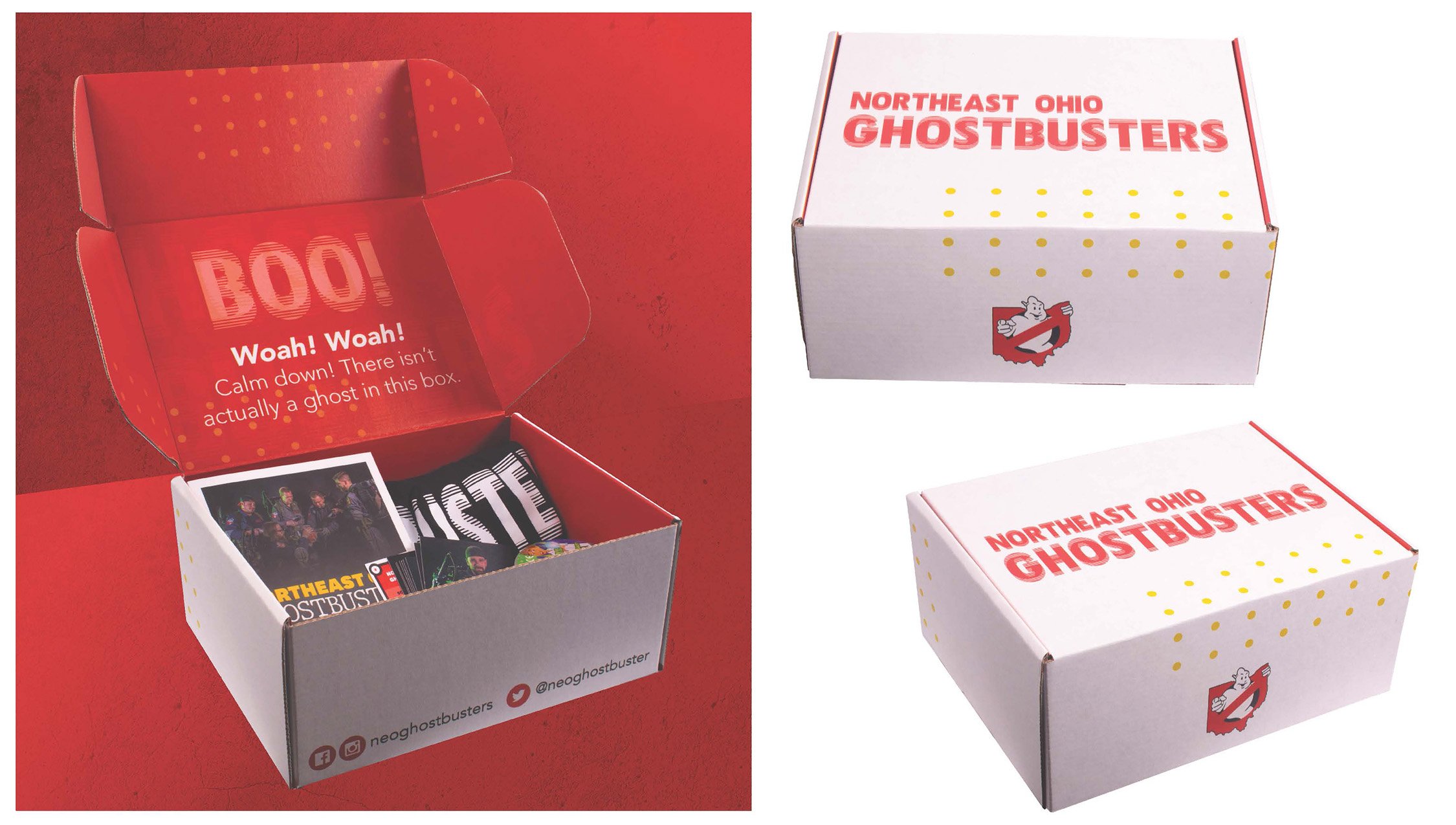 Creative packaging design featuring bold branding for the Northeast Ohio Ghostbusters. Includes exterior and interior graphics with playful copy and on-brand colors.