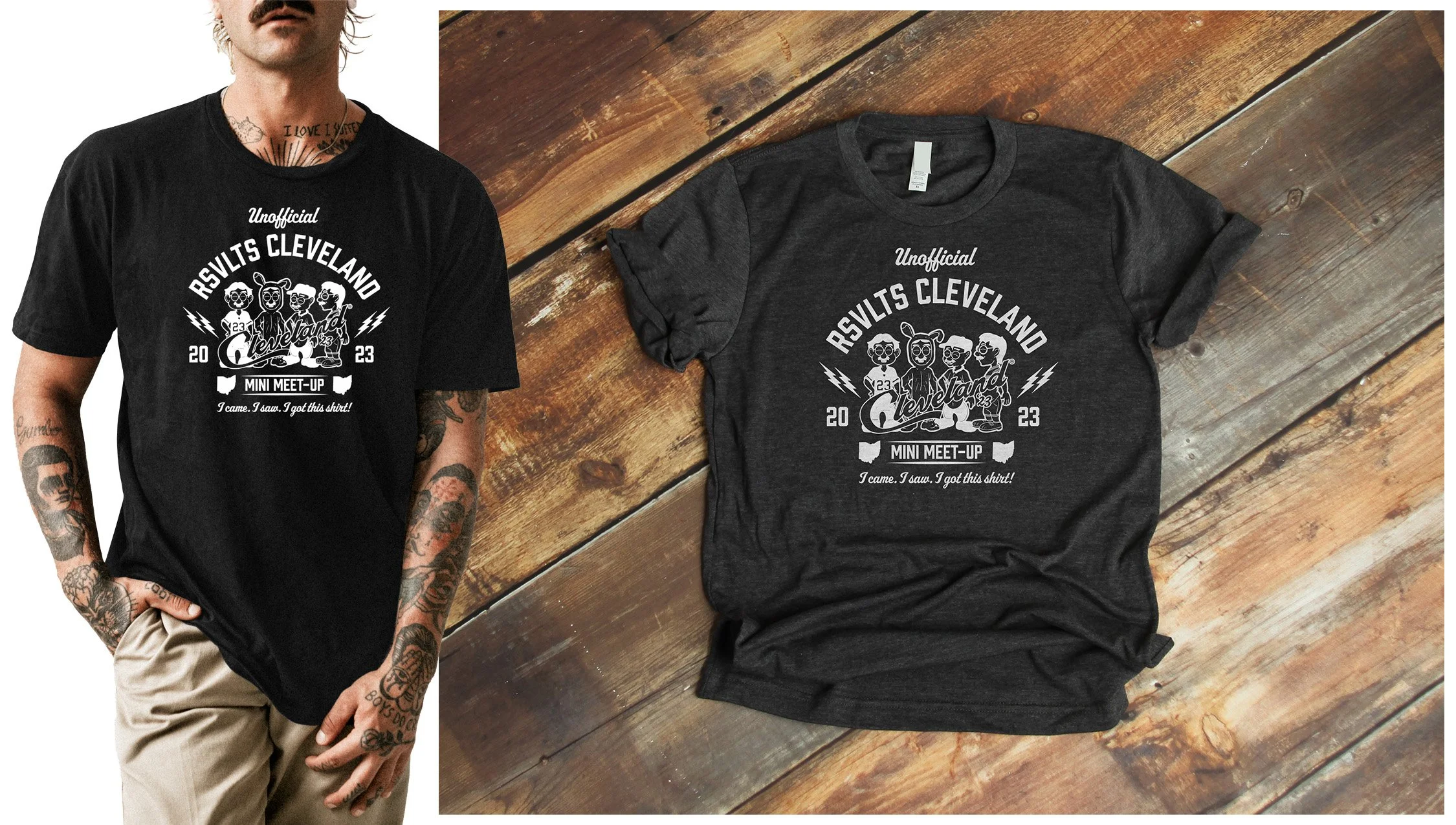 Tattooed man wearing a black graphic tee that says "Unofficial RSVLTS Cleveland Mini Meet-Up 2023" alongside a flat lay of the same shirt on a wooden surface.
