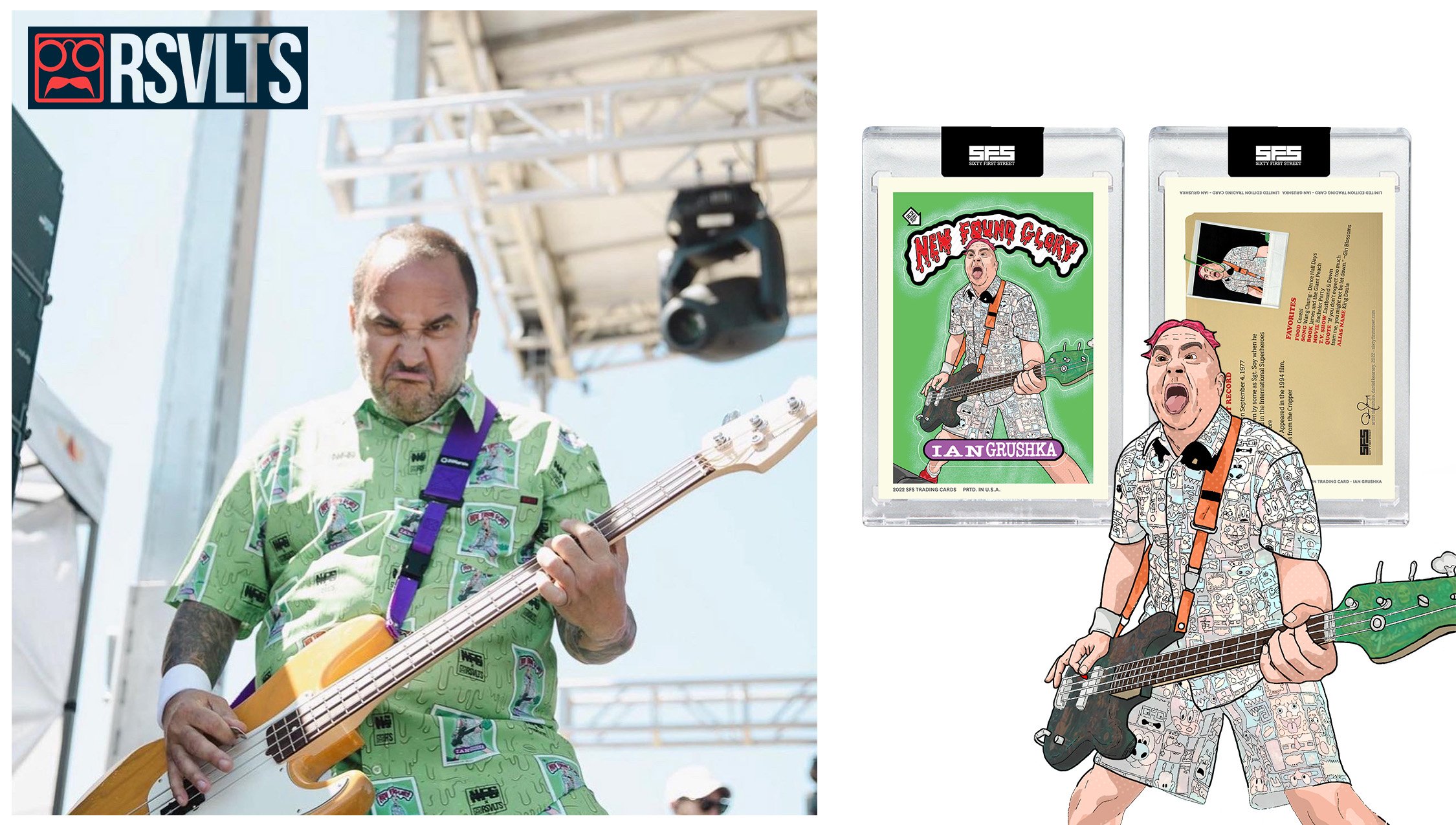 Illustrated trading cards and custom portraits of Ian Grushka, bassist of New Found Glory. Designed by Sixty First Street Design Studio, this collectible series captures iconic live moments, character art, and fun retro vibes. Perfect for pop-punk fa