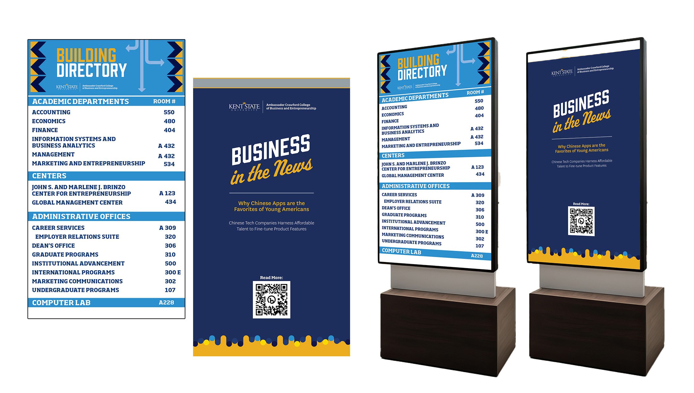 Large-format wayfinding and digital poster displays created for Kent State University’s Ambassador Crawford College of Business.