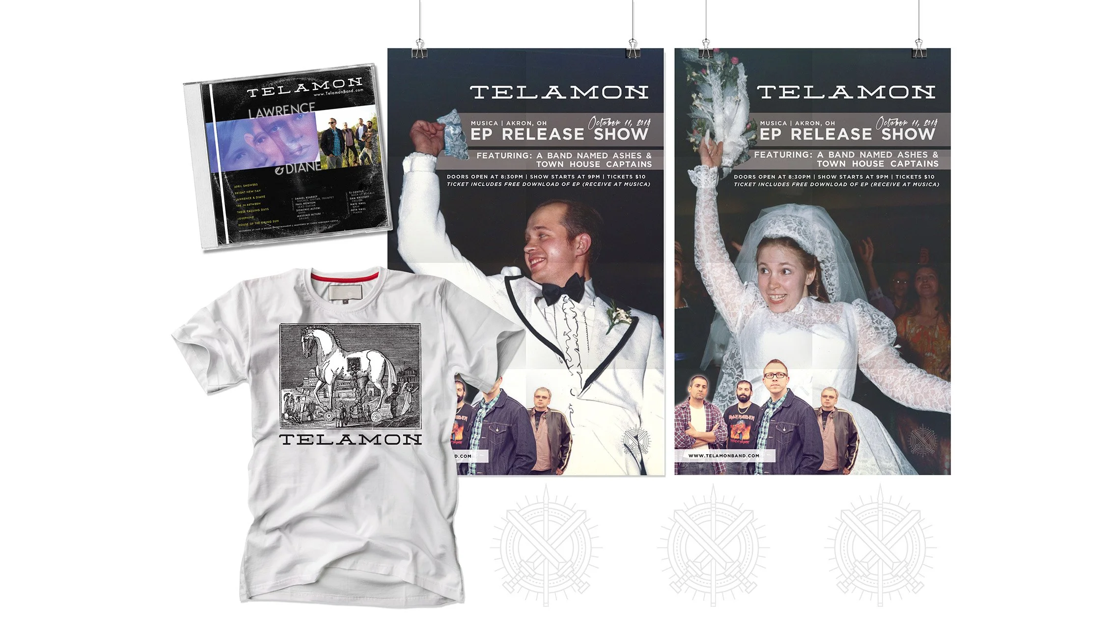 Promotional design suite for indie rock band Telamon featuring EP release show posters, album artwork, and custom merch. This cohesive visual identity highlights the band’s unique aesthetic, blending vintage imagery with modern design for concerts an