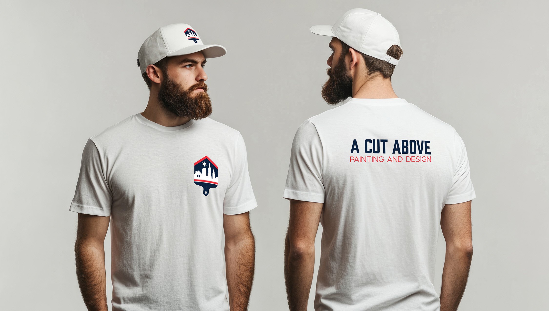Branded uniforms featuring A Cut Above Painting and Design logo on white shirts and hats worn by professional painters.