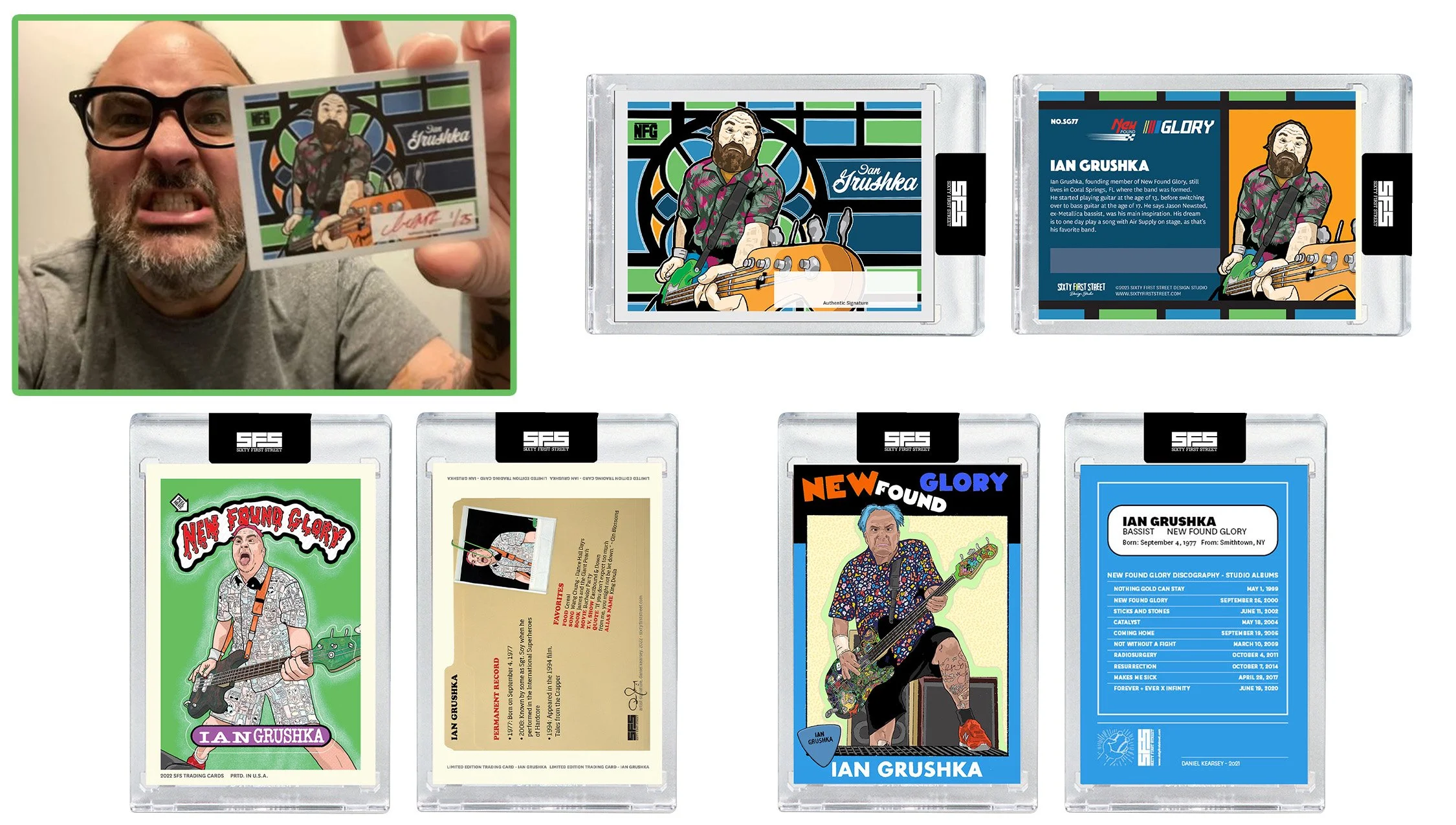 Illustrated trading cards and custom portraits of Ian Grushka, bassist of New Found Glory. Designed by Sixty First Street Design Studio, this collectible series captures iconic live moments, character art, and fun retro vibes. Perfect for pop-punk fa