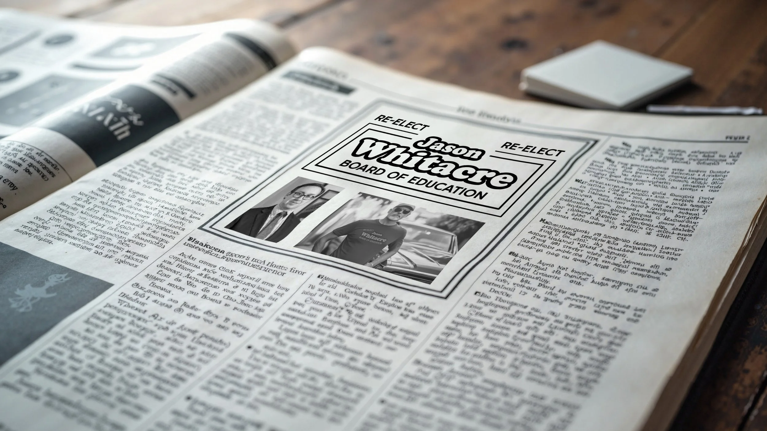 Vintage-style newspaper advertisement for Jason Whitacre’s re-election campaign, including portrait photos and campaign branding.