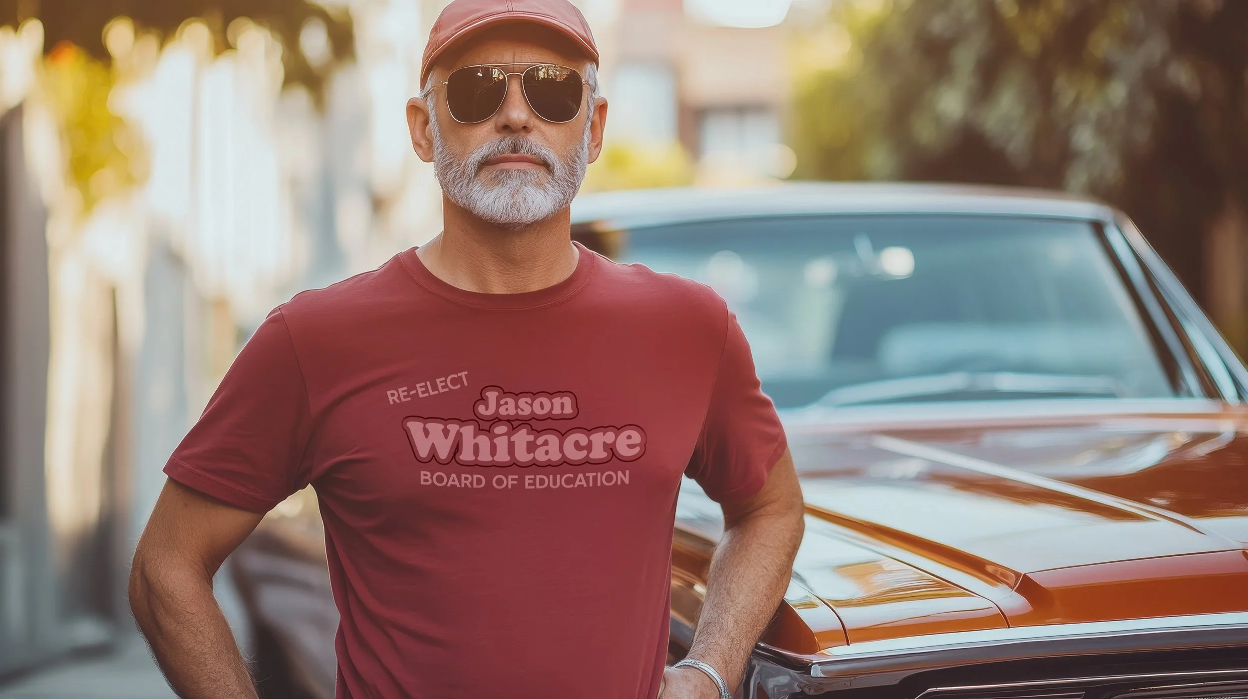 Maroon graphic tee promoting Jason Whitacre for Board of Education, with retro typeface and street-style candidate portrait.