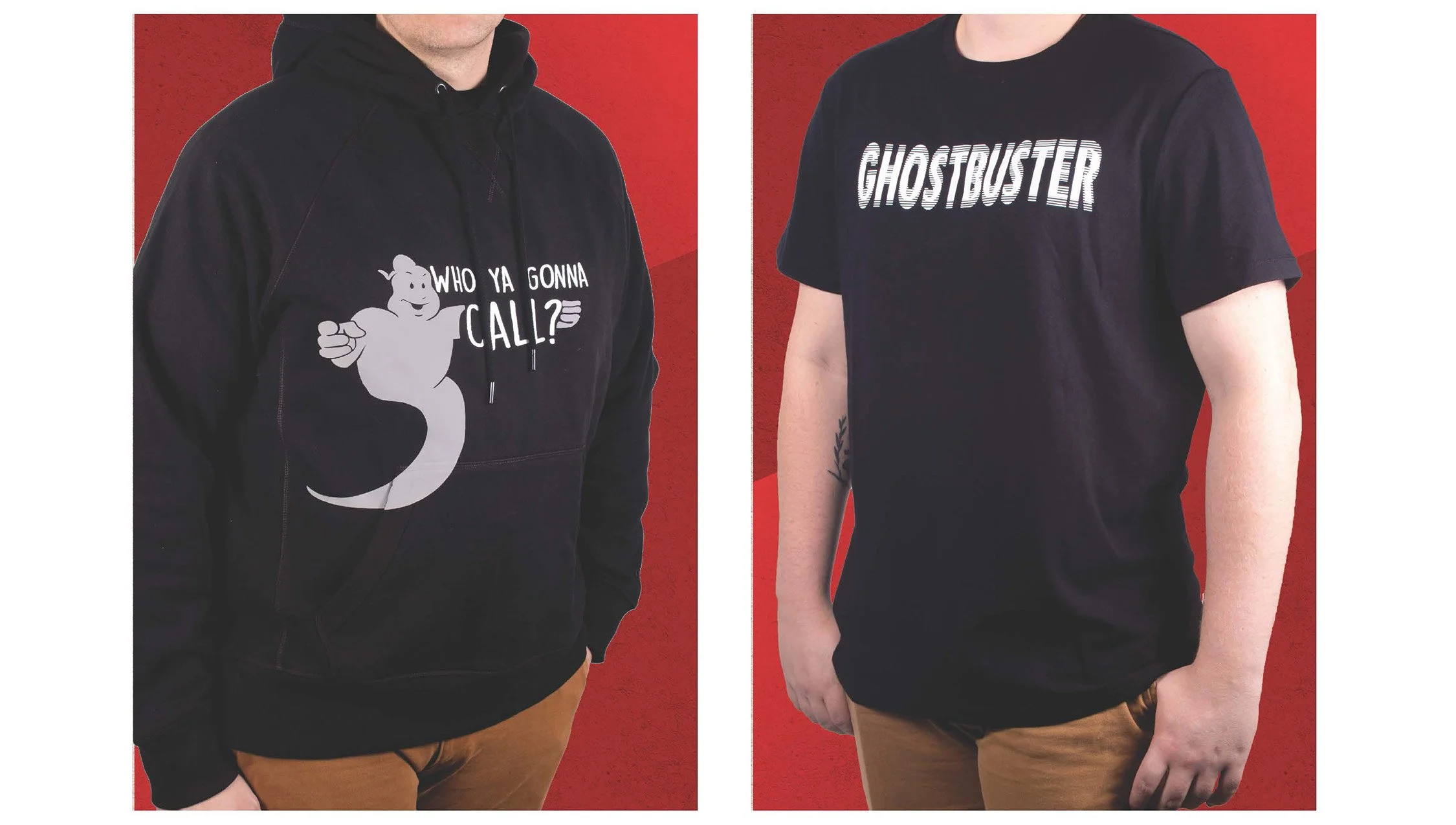 Custom-designed hoodie and t-shirt featuring iconic Ghostbusters-style artwork and slogans. Tailored for fan engagement and brand visibility.