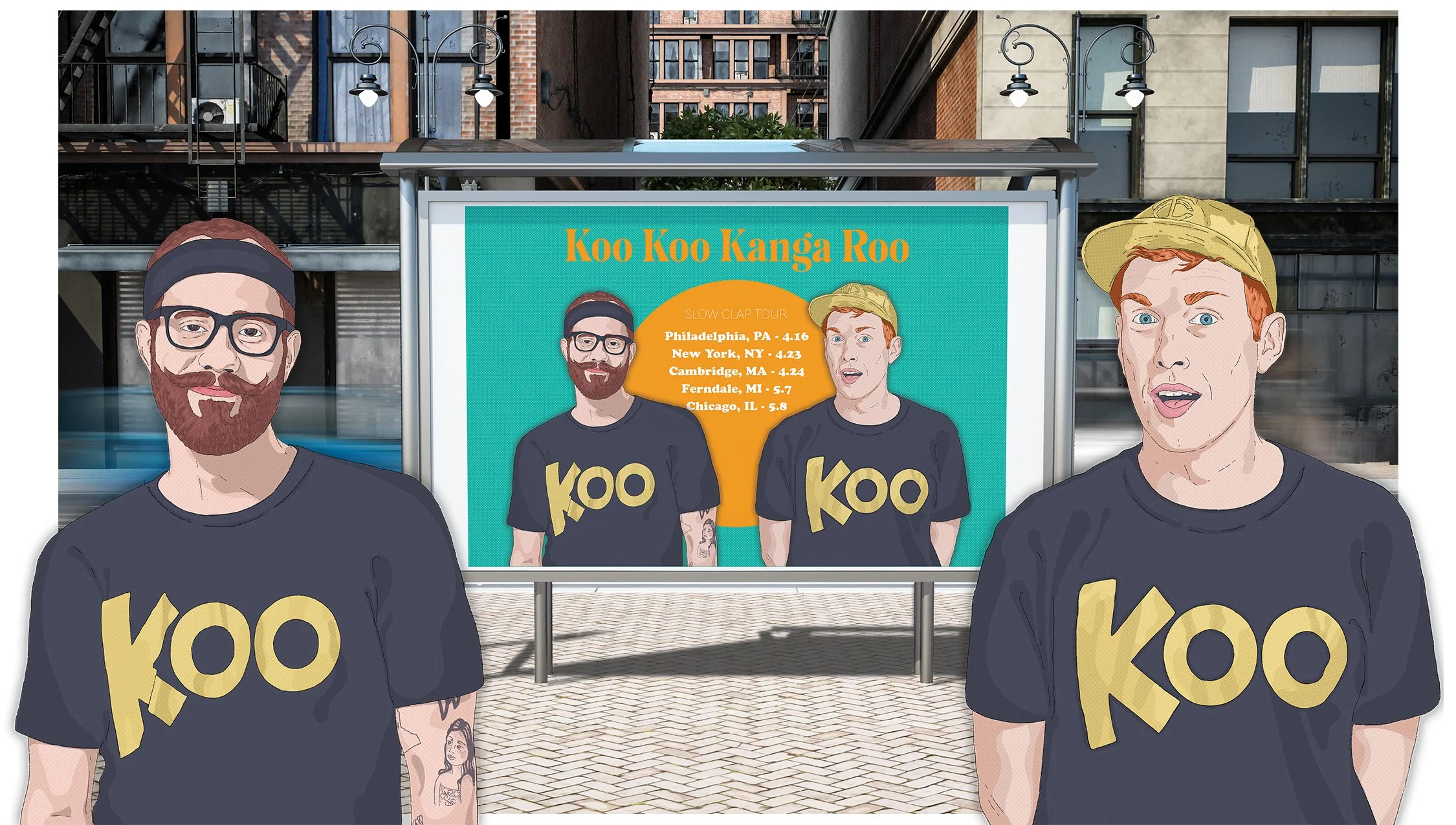 Explore custom artwork and collectible trading cards created for Koo Koo Kanga Roo’s Slow Clap Tour. This colorful design set by Sixty First Street Design Studio highlights the band’s fun energy through illustrated portraits, poster design, and uniqu