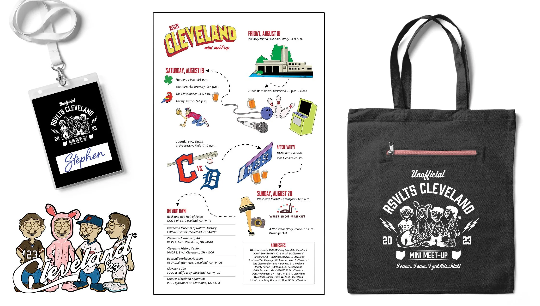 Cleveland mini meet-up event branding materials including badge, illustrated map, tote bag, and sticker design for RSVLTS 2023 gathering.