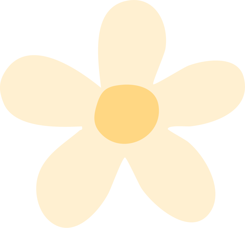 A simple cartoon illustration of a white flower with five petals and a yellow center.