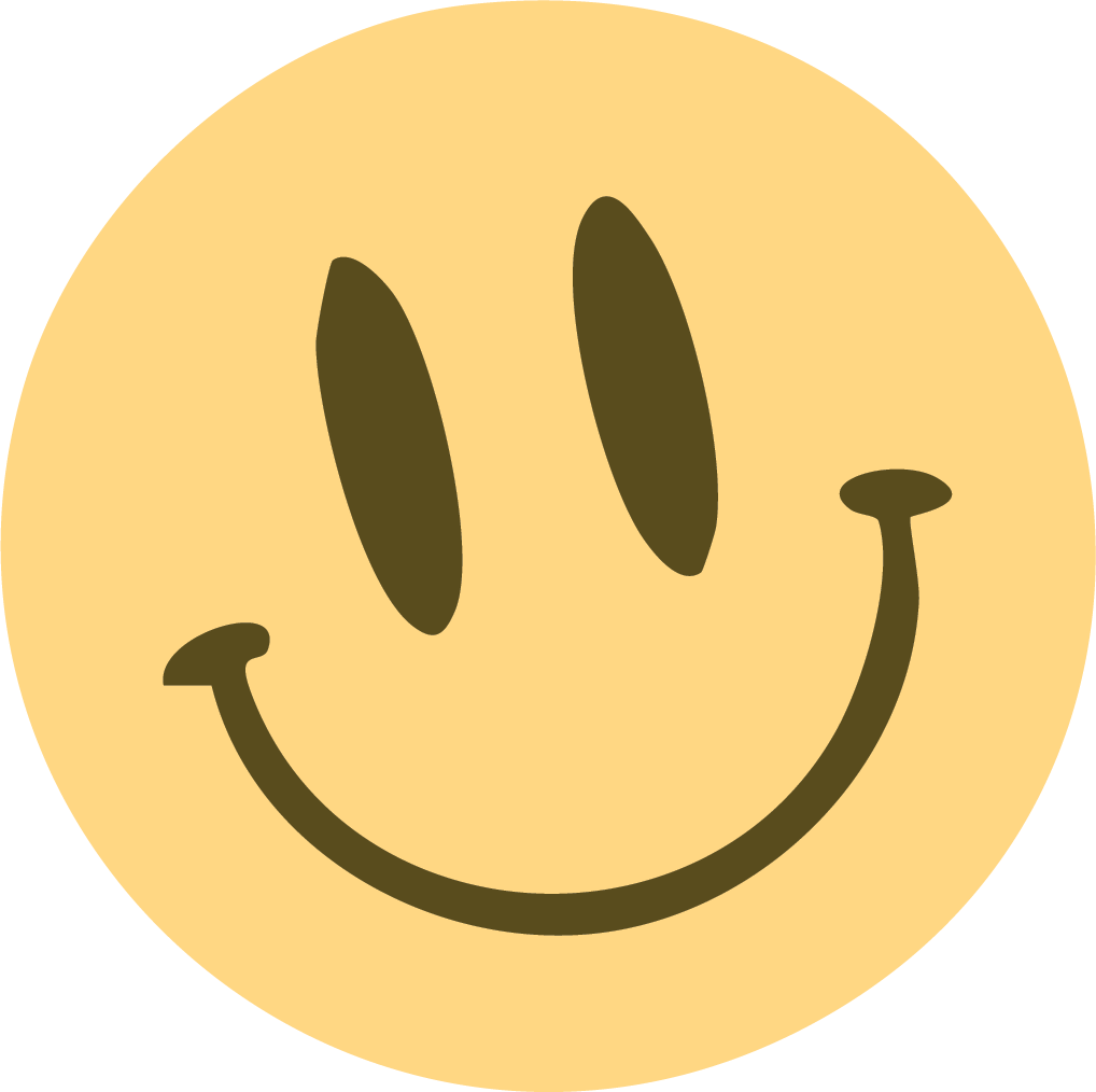 A yellow smiley face with black oval eyes and a black curved smiling mouth.