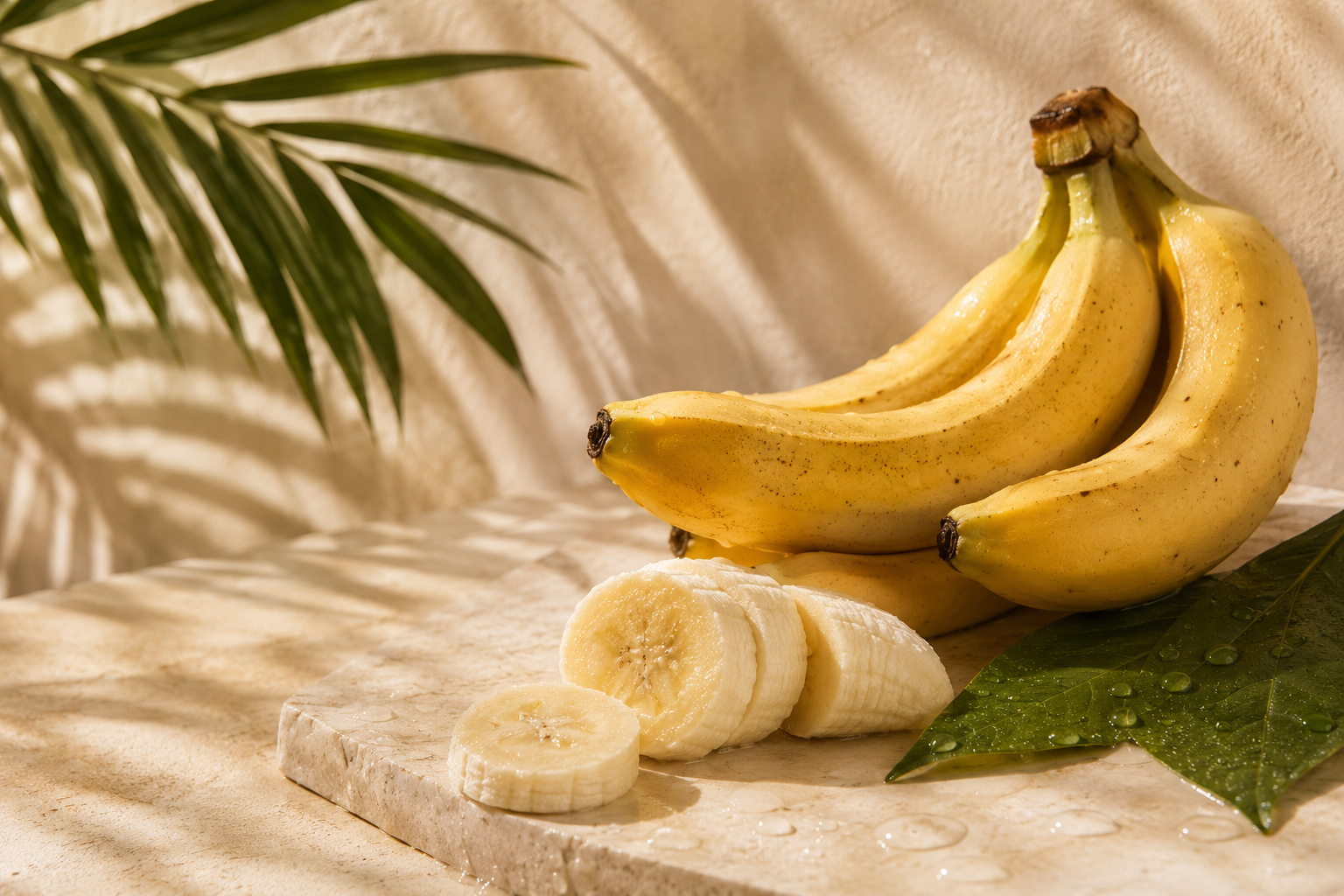 Bunch of ripe bananas on a marble surface with banana slices and green leaves nearby.