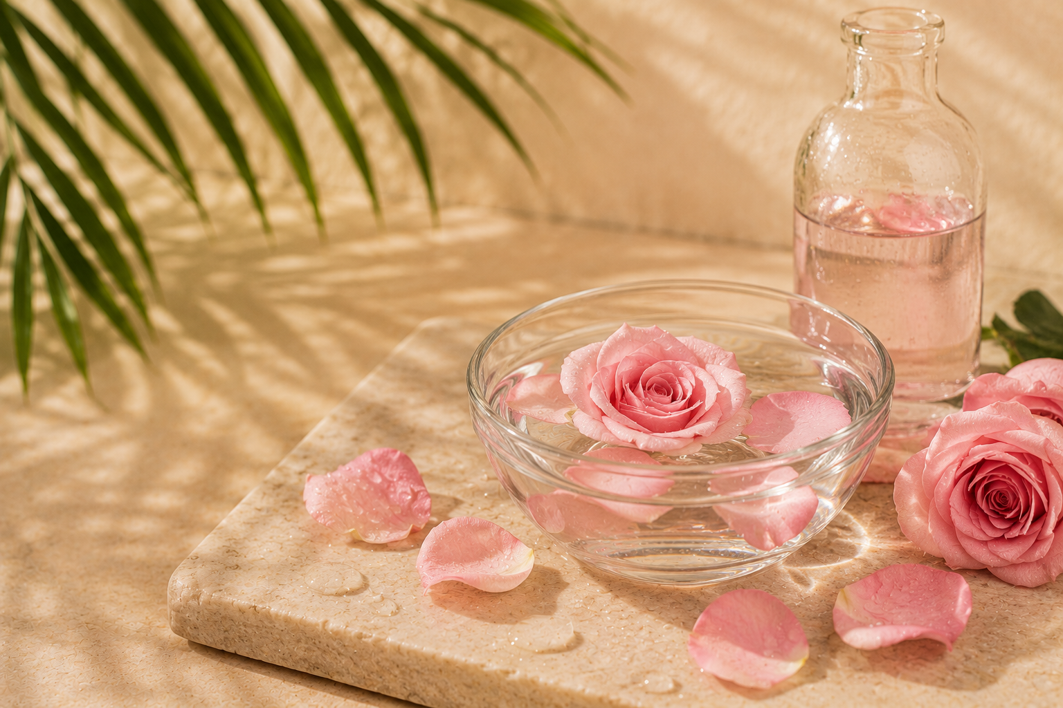 Pink roses and rose petals in a glass bowl and on a stone surface, with a bottle of water and palm leaves in the background.