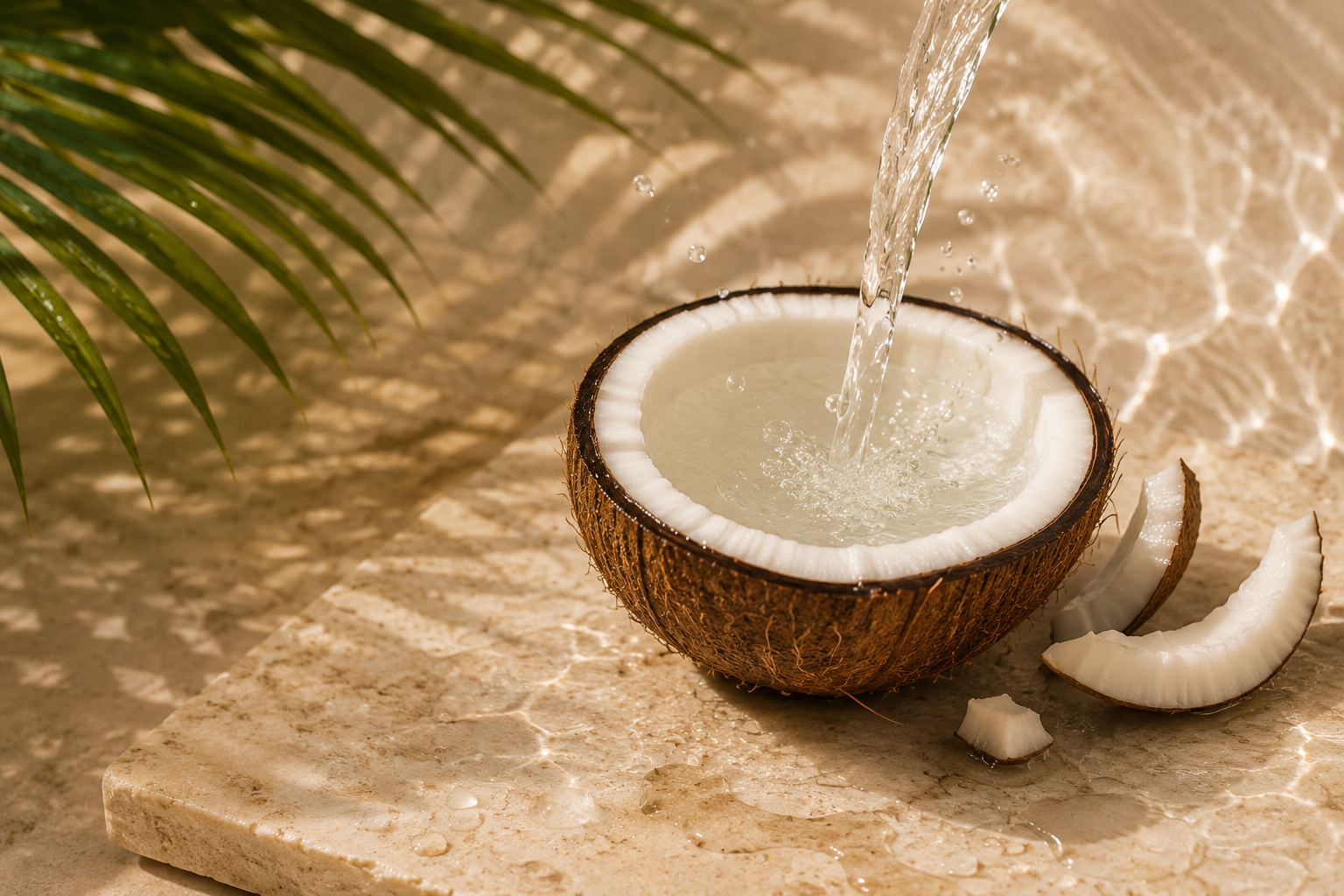 A halved coconut with water being poured into it on a beige marble surface, with coconut slices nearby and a palm leaf shadowed on the left side.