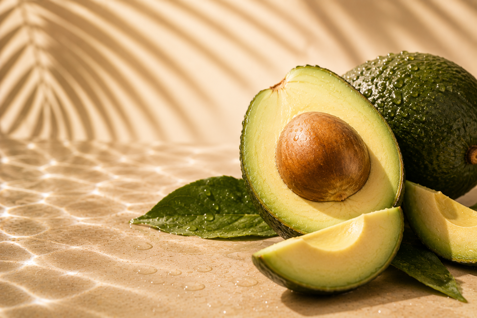 Close-up of halved avocado with seed, surrounded by water droplets and green leaves on a textured surface, with a blurred woven background.