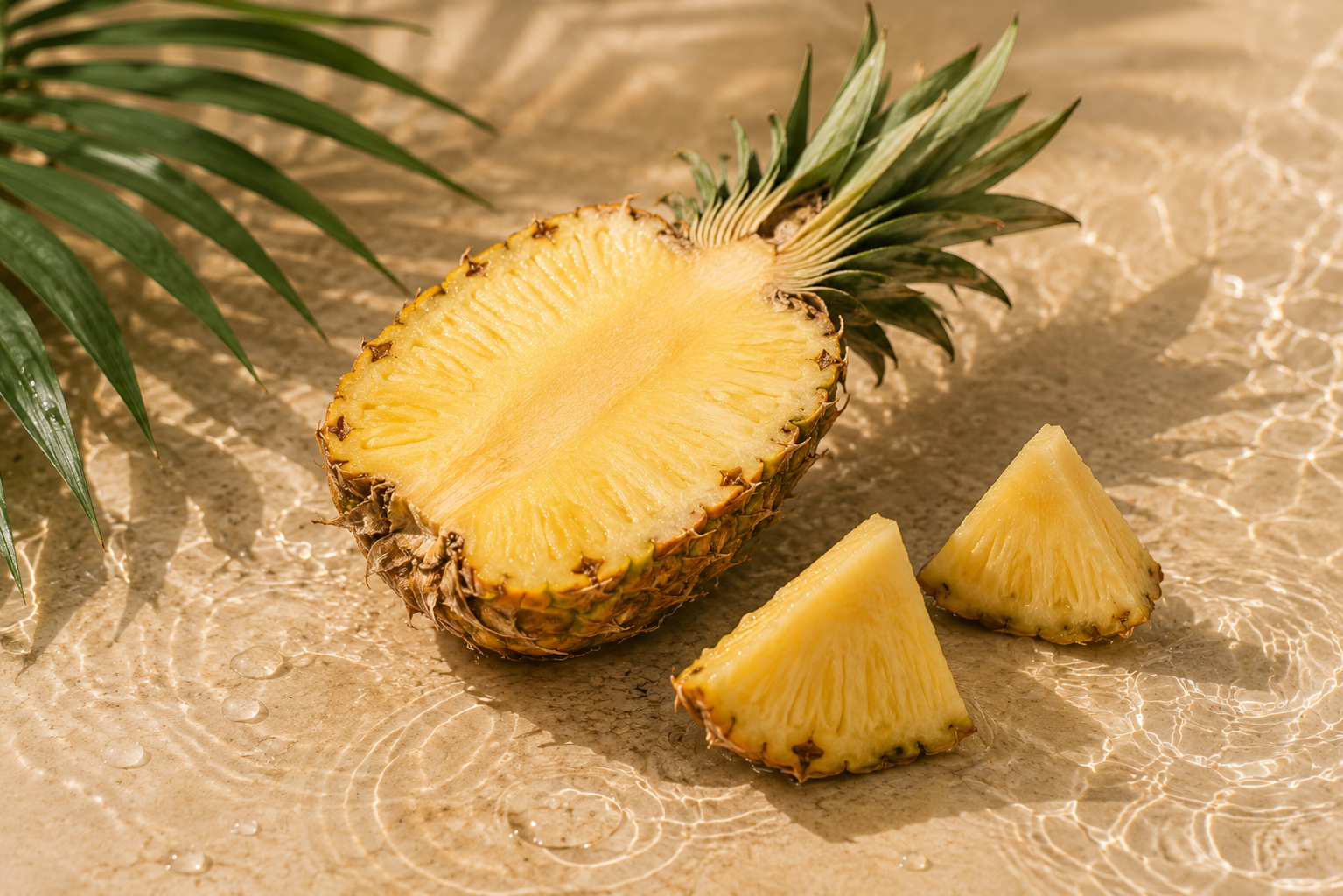 Half of a pineapple with two pineapple wedges on a sandy surface, with a green tropical leaf in the background