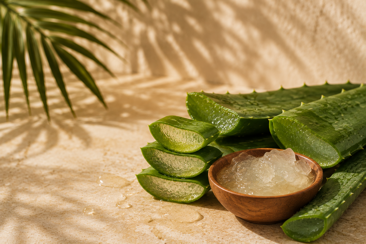 Sliced aloe vera leaves and aloe vera gel in a wooden bowl on a sandy surface with shadows of a plant in the background.