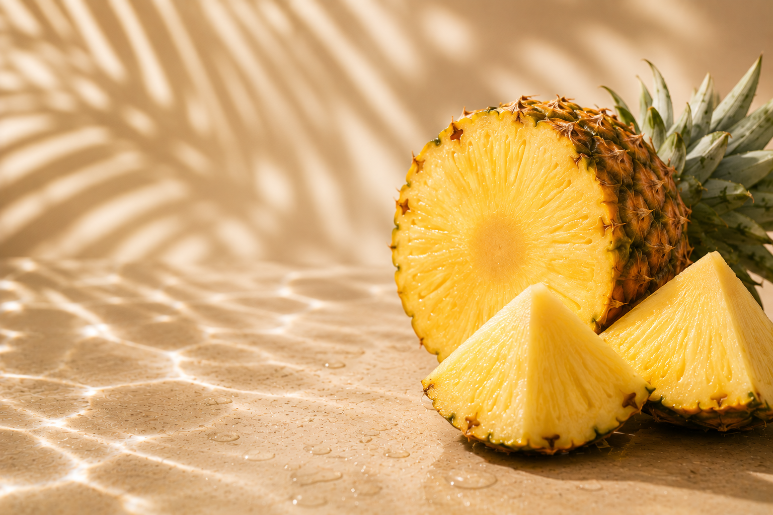 Slices of pineapple on a sandy surface with water reflections, with a whole pineapple in the background.