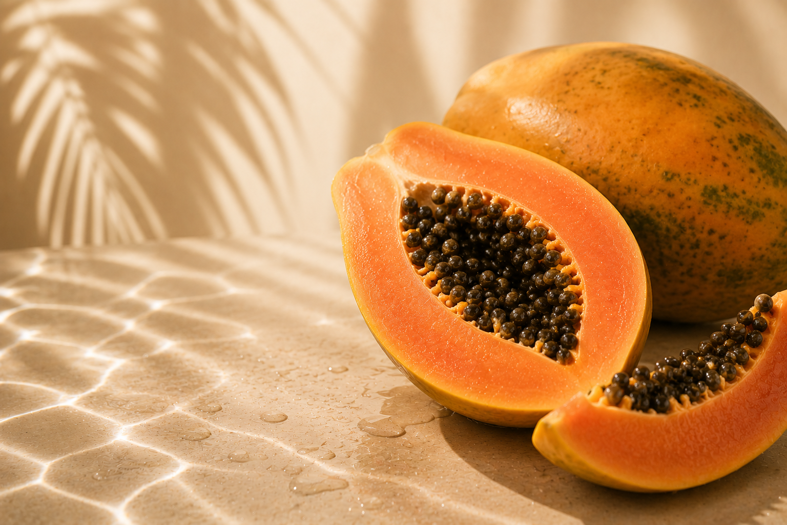 A halved ripe papaya with orange flesh and black seeds next to a whole papaya on a light-colored surface with sunlight creating reflections.