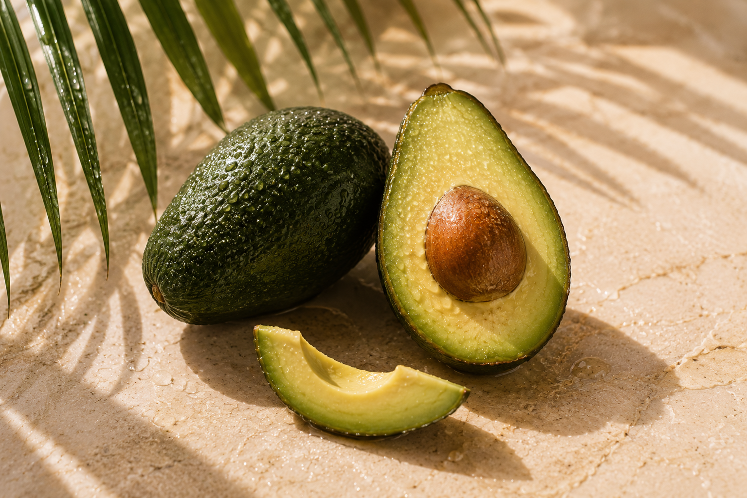 Fresh avocados with palm shadows