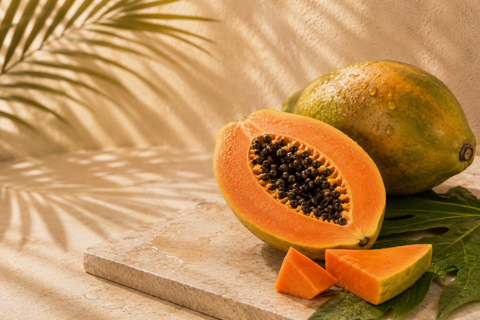A halved papaya with orange flesh and black seeds, placed on a green leaf on a beige surface, with a whole papaya and a leaf in the background.