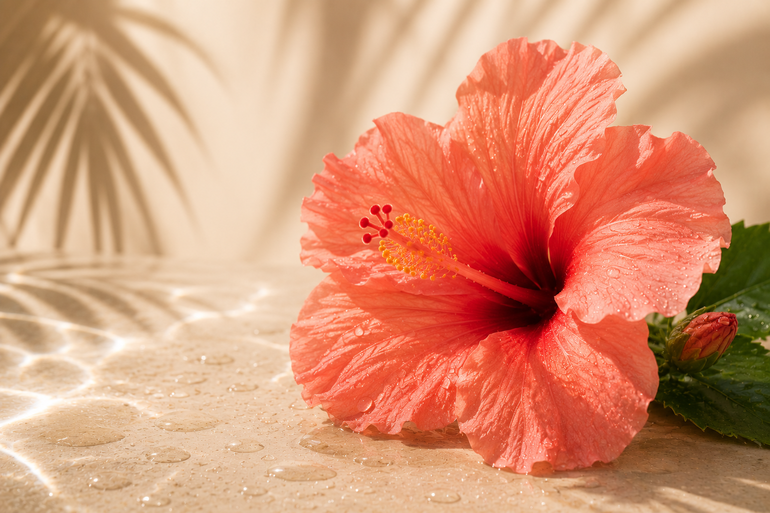 Close-up of a pink hibiscus flower with dewdrops on its petals, resting on a beige surface with water droplets and a blurred background.