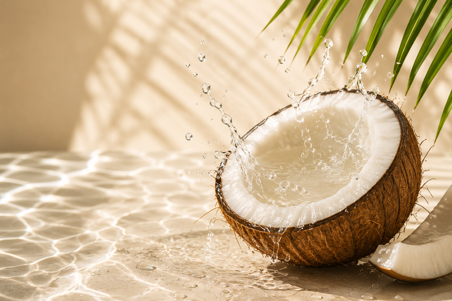 A coconut half with water splashing inside, next to a coconut wedge, on a textured surface with sunlight creating reflections, and green palm leaves in the background.
