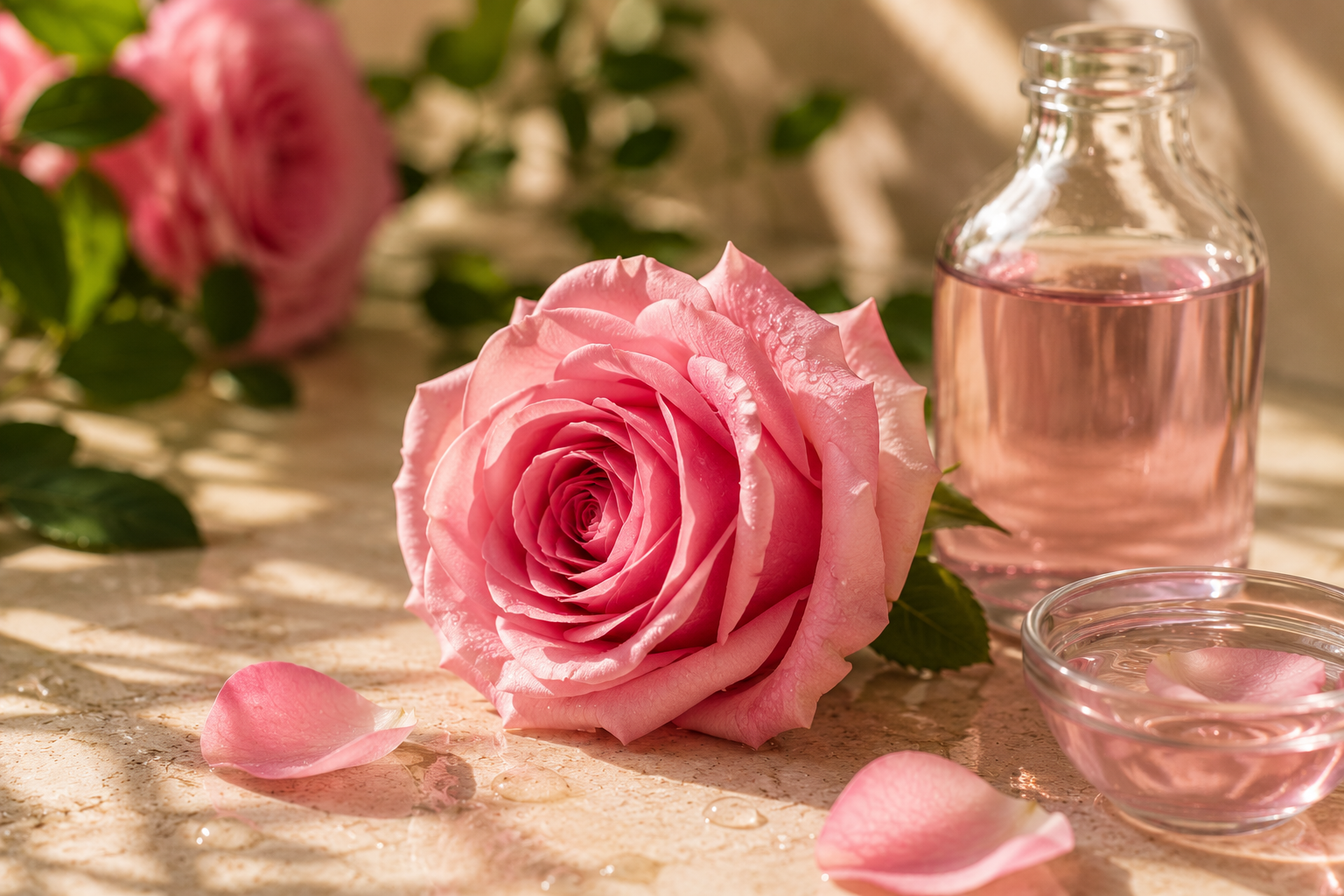 Close-up of a pink rose with dew drops, with petal remnants on a marble surface, next to a glass bottle of pink liquid and a small glass bowl of water.