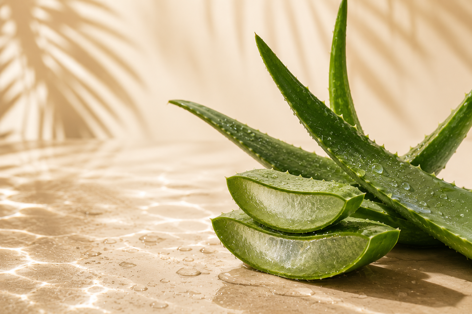 Close-up of sliced aloe vera leaves with water droplets on a textured surface, with a blurred background of palm leaves.