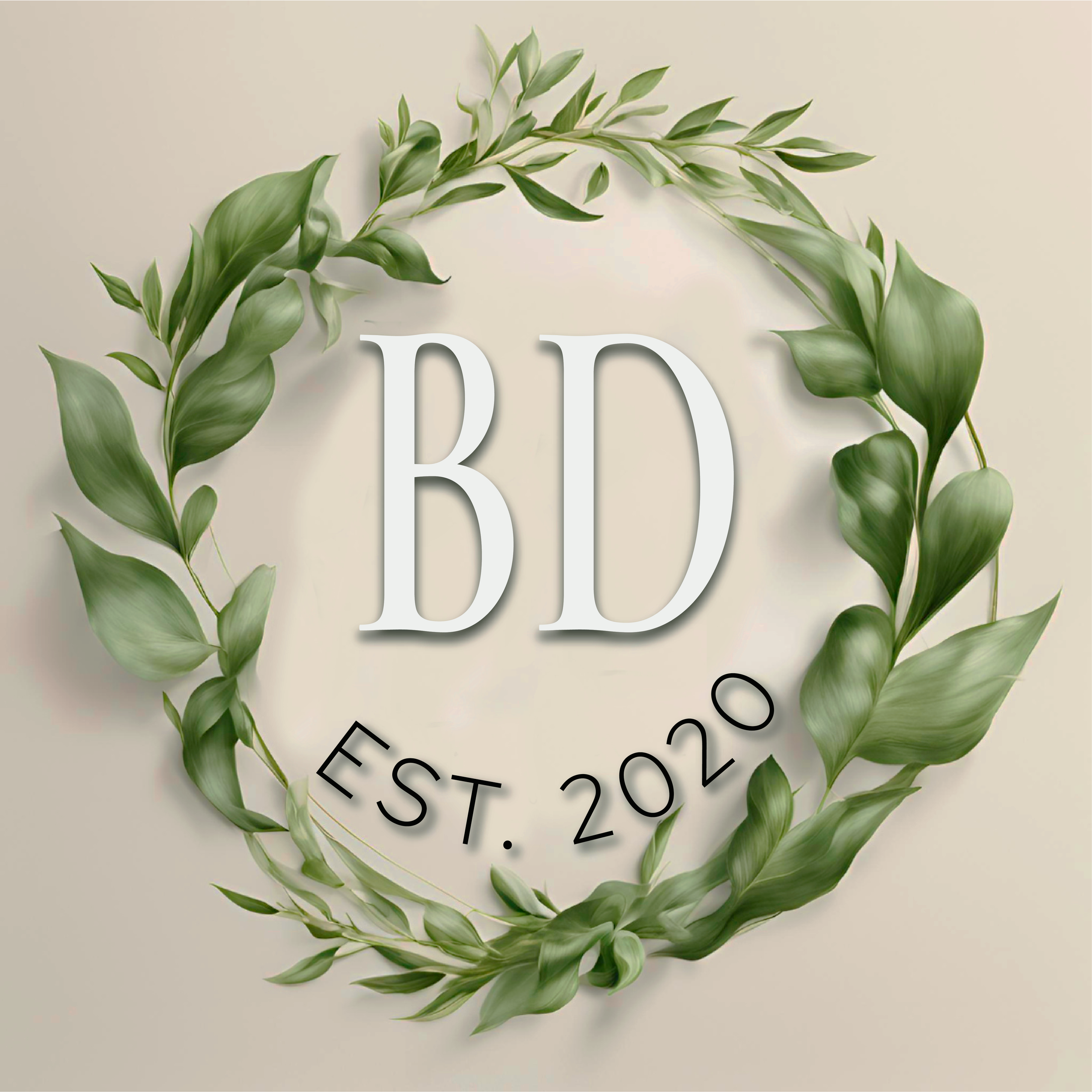 A circular wreath made of green leaves surrounds the text 'BD' and 'EST. 2020' on a beige background.