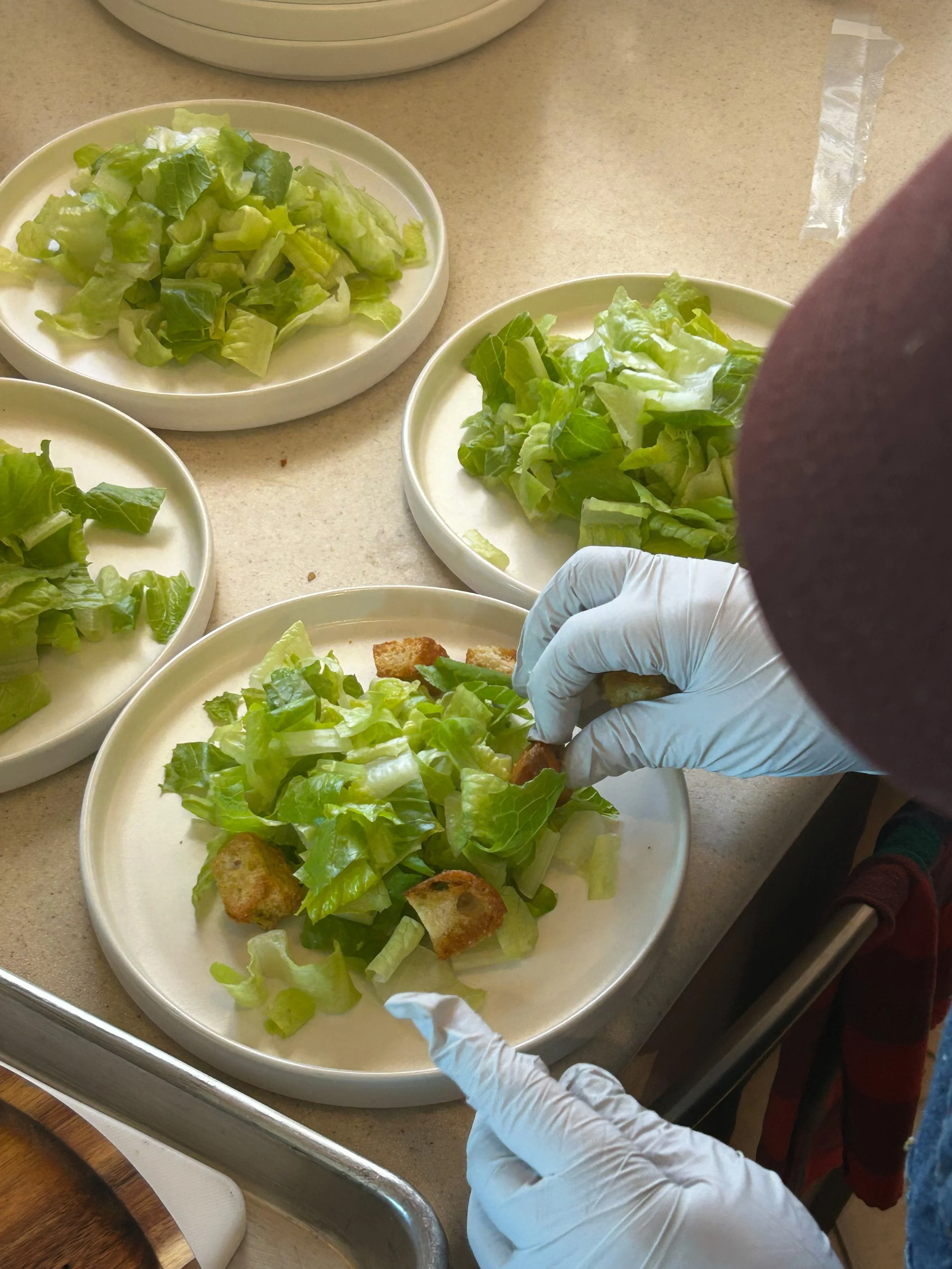 A person wearing gloves preparing salads, adding croutons to plates filled with chopped lettuce, with additional plates of lettuce on the counter.
