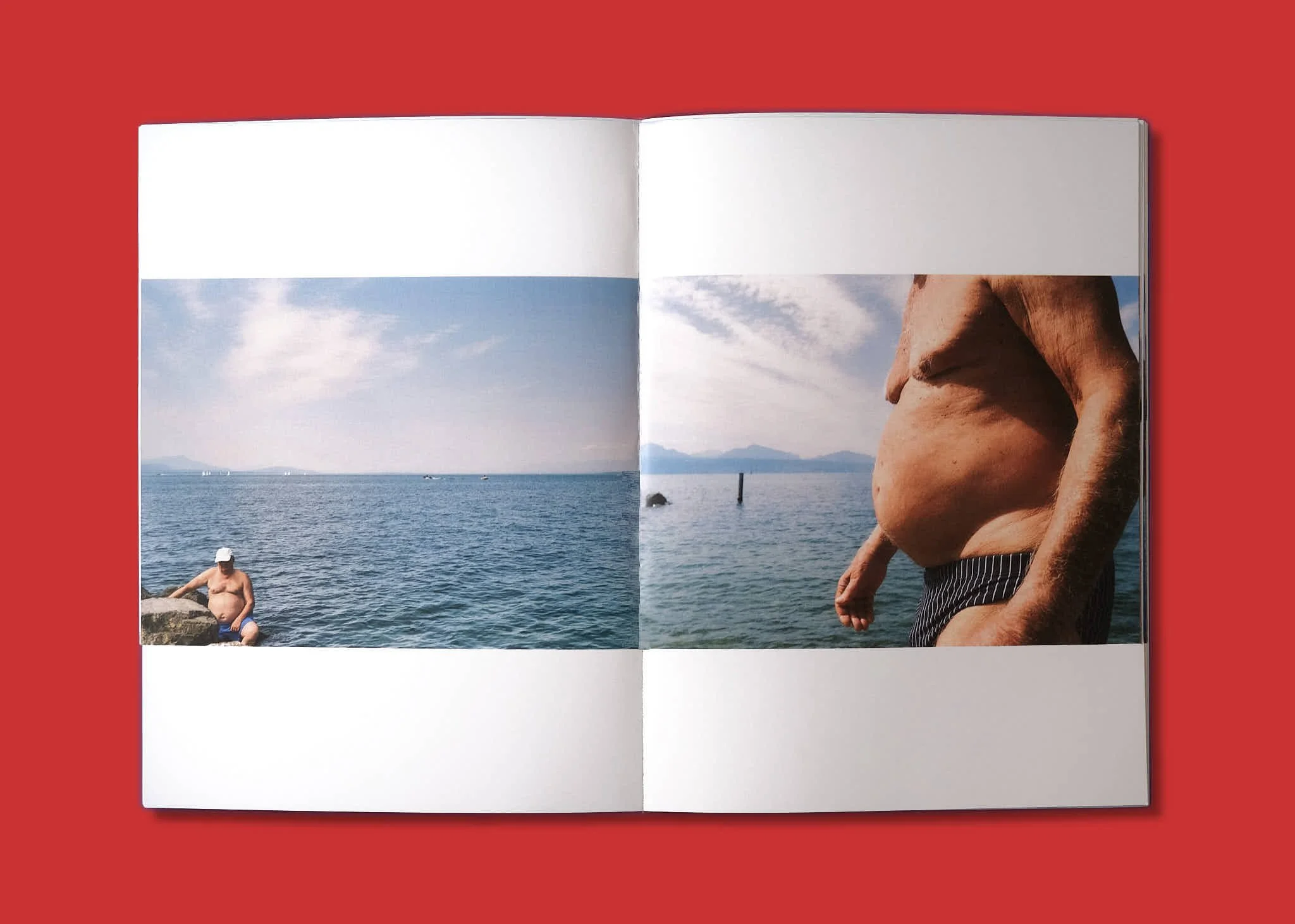 Photos d'hommes issues du livre "Tous les jours, tout le monde" sur fond rouge.