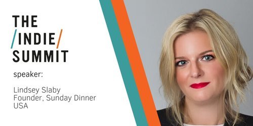 Event banner for The Indie Summit featuring speaker Lindsey Slaby with her photo and event details.