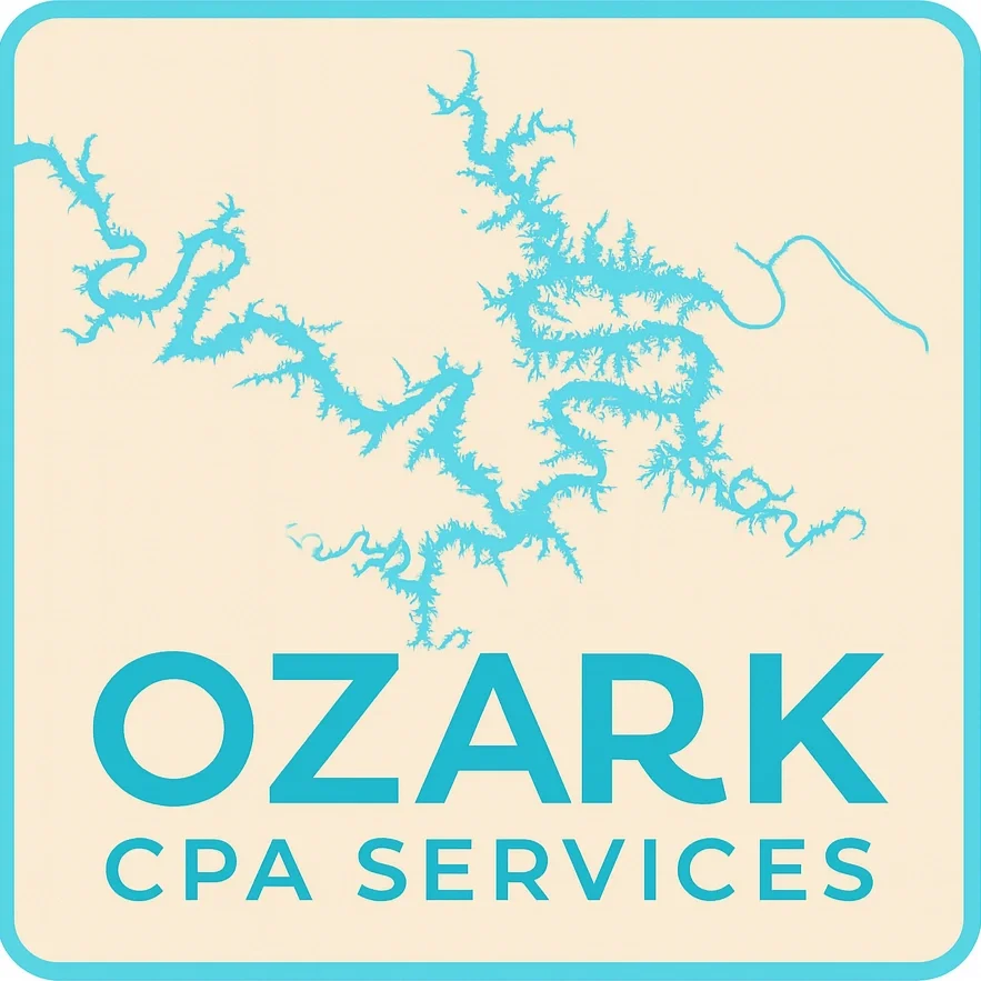 Logo for Ozark CPA Services with a light background, featuring a blue branching river design.