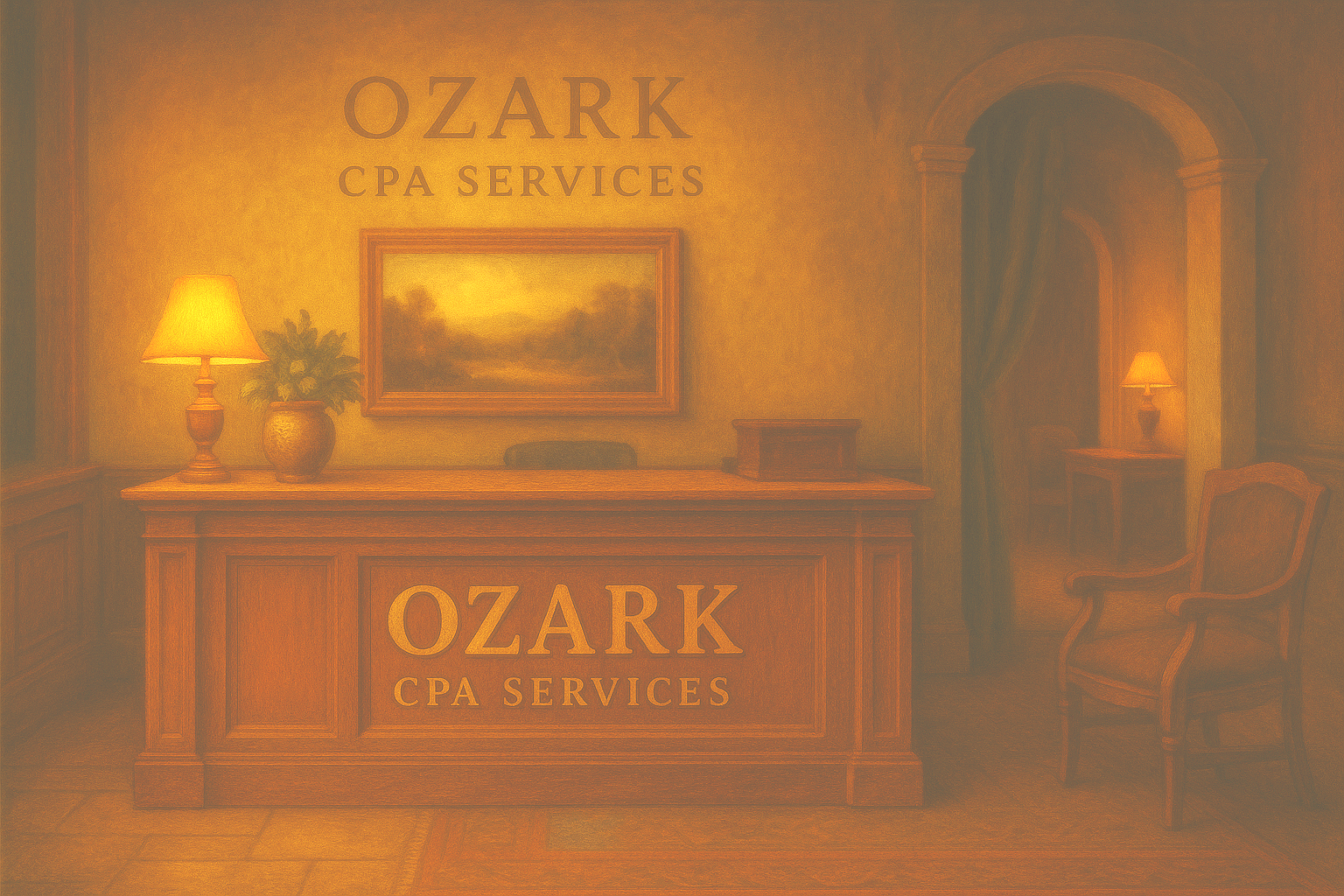 An office reception area with a wooden desk that has the words 'Ozark CPA Services' on it. The background features a wall with the same company name and a landscape painting. There are two table lamps, a potted plant, and a single wooden chair with cushioned seat and backrest. The room has warm lighting and traditional decor.