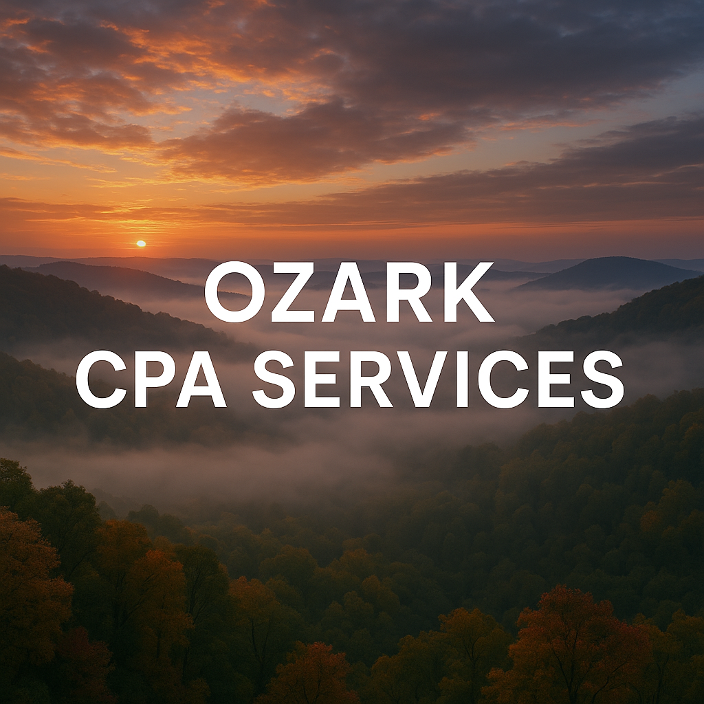 Sunset over misty mountains with forested hills in Ozark region, text overlay reads 'Ozark CPA Services'.