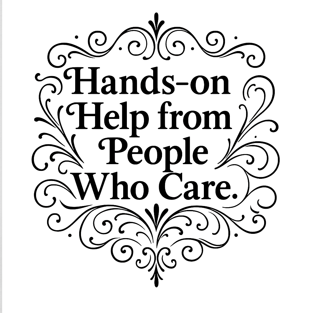 Decorative black and white design with the text: "Hands-on Help from People Who Care."