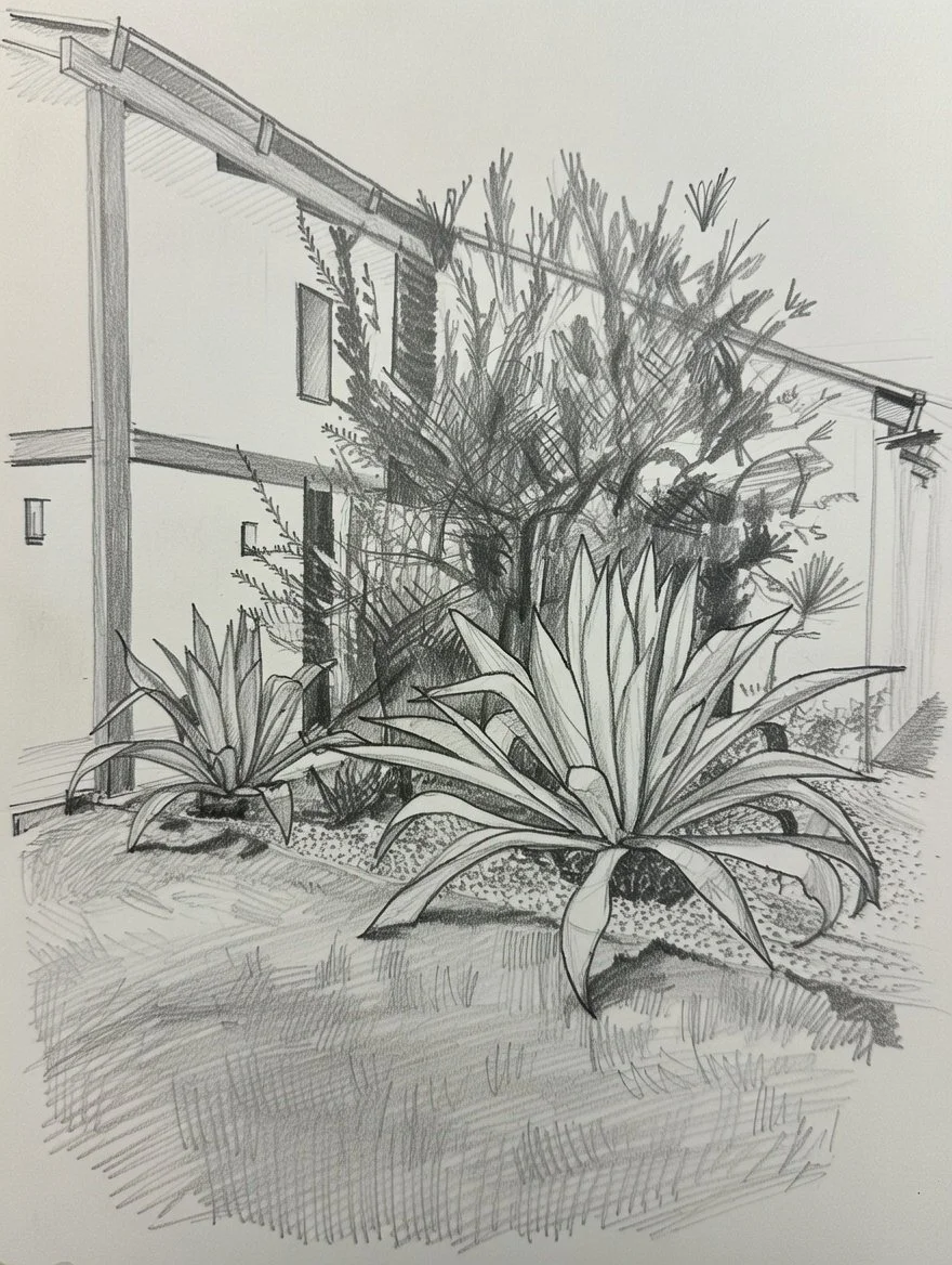 A pencil sketch of a garden scene featuring a large agave plant, a tree, and a two-story house with windows, surrounded by other plants and shrubs.