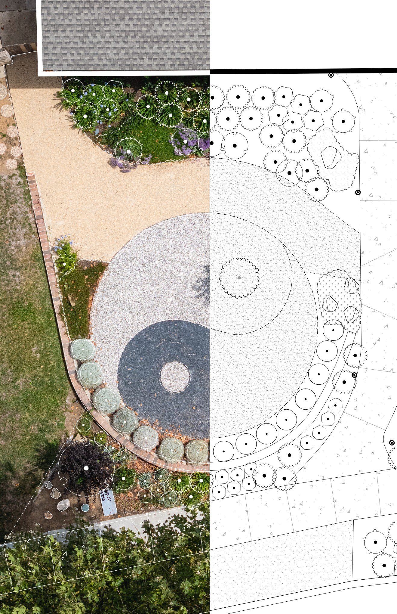 A split image showing an aerial view of a landscaped yard on the left and a black-and-white landscape design plan on the right.