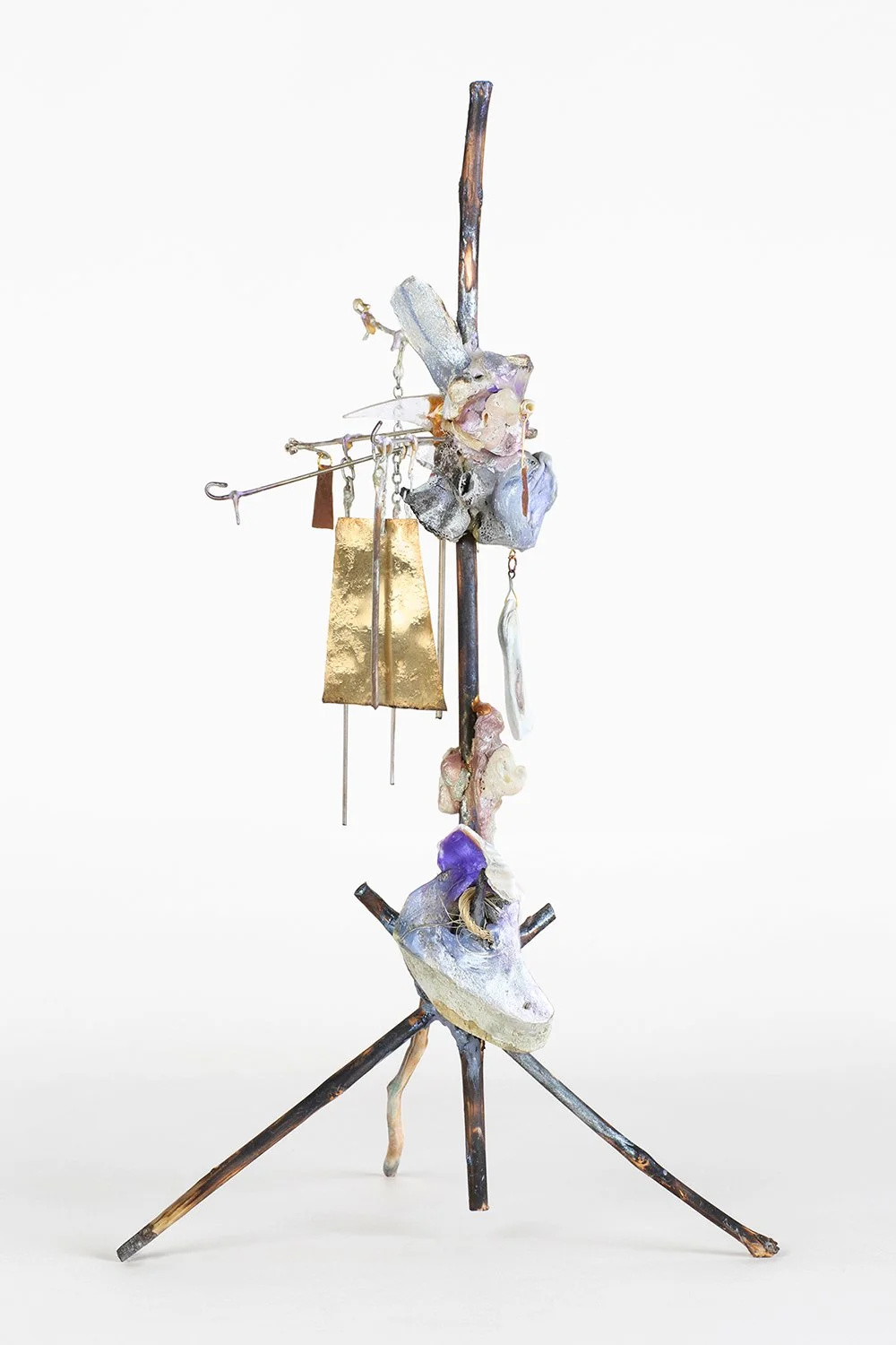 Masquerade 2022 H16 1/2 x 9 1/2 x 9 1/2 inch metallic oil paint on found tree branches, pigmented epoxy resin, seashells, copper, found sheet glass, animal bones, brass, steel, steel chain, alloys of silver and copper
