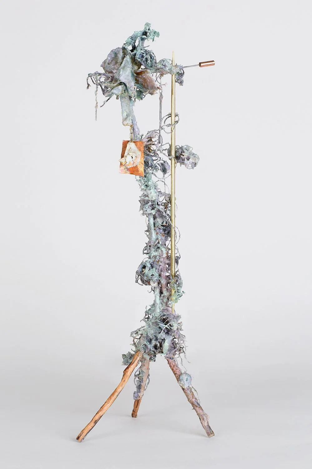 Enkidu 2022 H19 x 6 x 6 ½ inch found tree branches, metallic oil & acrylic paint on pigmented epoxy resin coated shredded brass, brass, copper, seashells, steel, alloys of silver and copper