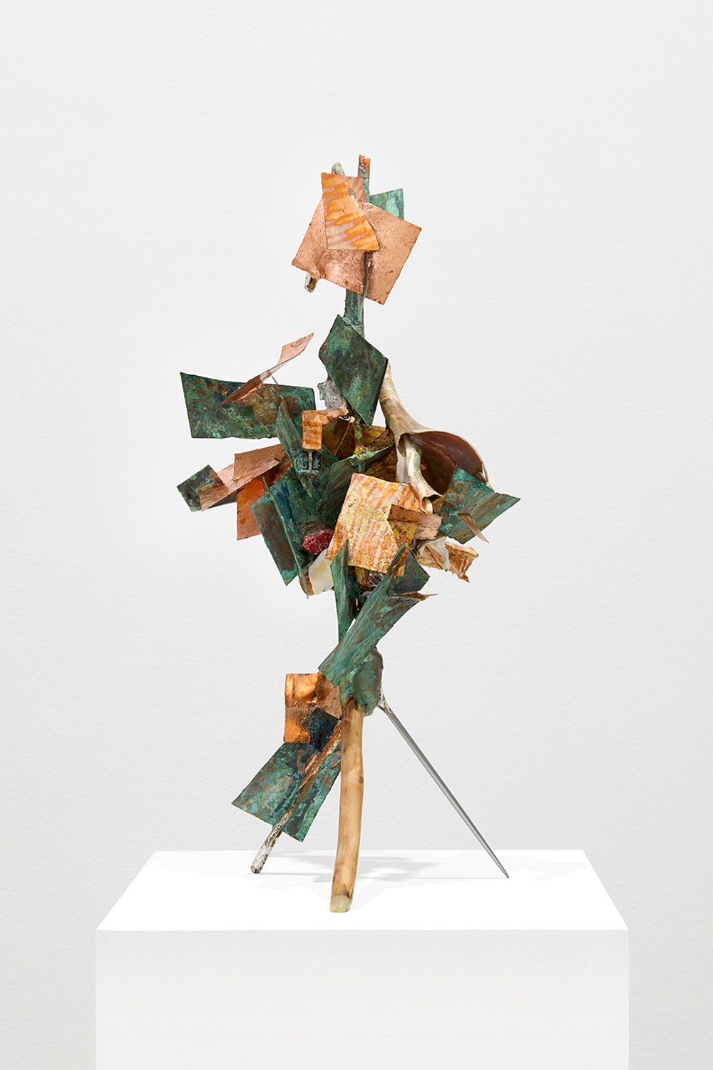 Triton's flute 2024 H21 x 8 x 12 in. Polymer coated found tree branches, verdigris, alloys of silver and copper, steel, brass, copper leaf, seashell, epoxy resin, and proprietary blend made from an epoxy mixture of seashells with seaglass, coral,