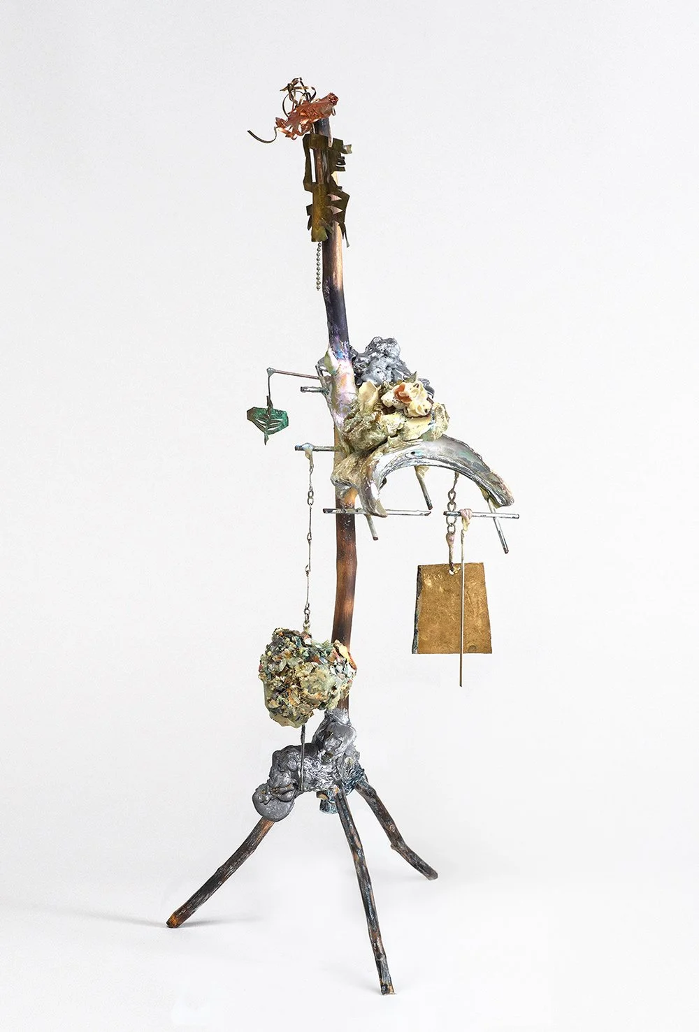 Grilled Crescent 2022 H20 x 8 x 8 inch metallic oil paint and stain on found tree branches, verdigris, alloys of zinc and pewter, animal bones, seashells, shredded latex coated with polyester resin, copper, brass, steel, steel chain, alloys of