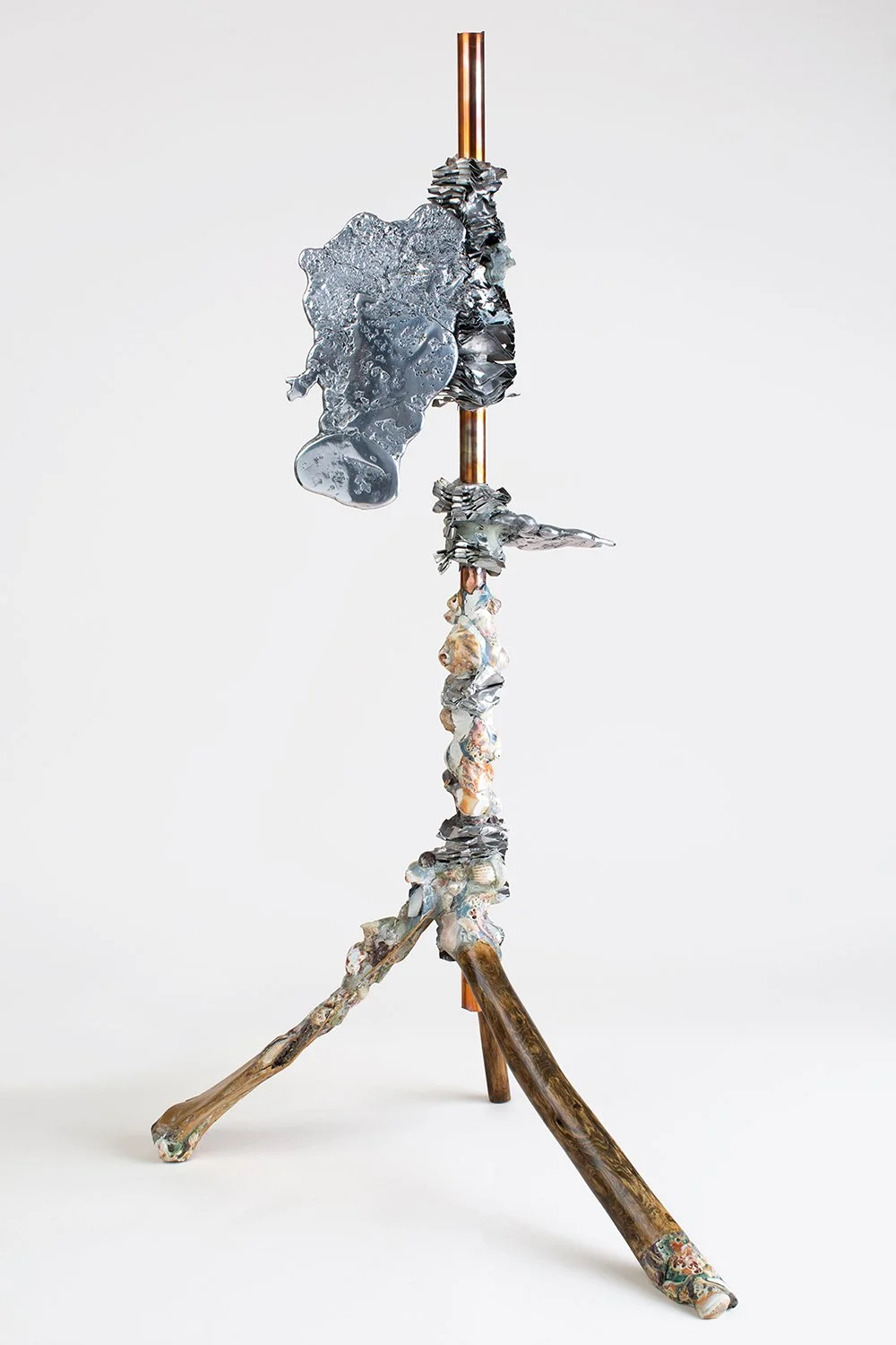 Weather Radar 2023 H38 x 12 x 22 inch casted aluminum, polymer coated driftwoods, aluminum and copper hydronic heating element, and proprietary blend made from an epoxy mixture of seashells, assorted quartz, ground marble, alabaster, fossil